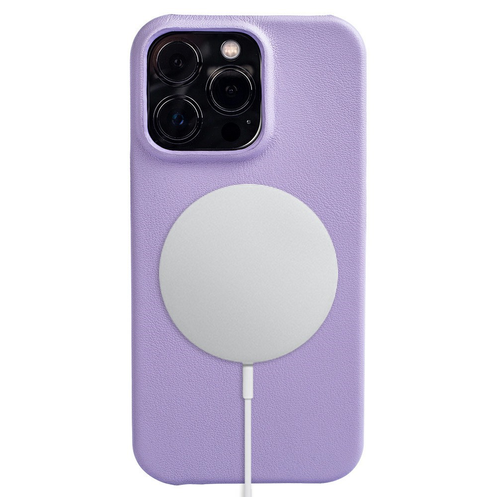 For iPhone 16 Pro Case Compatible with MagSafe Nappa Texture Genuine Cow Leather + PC Phone Cover - Purple