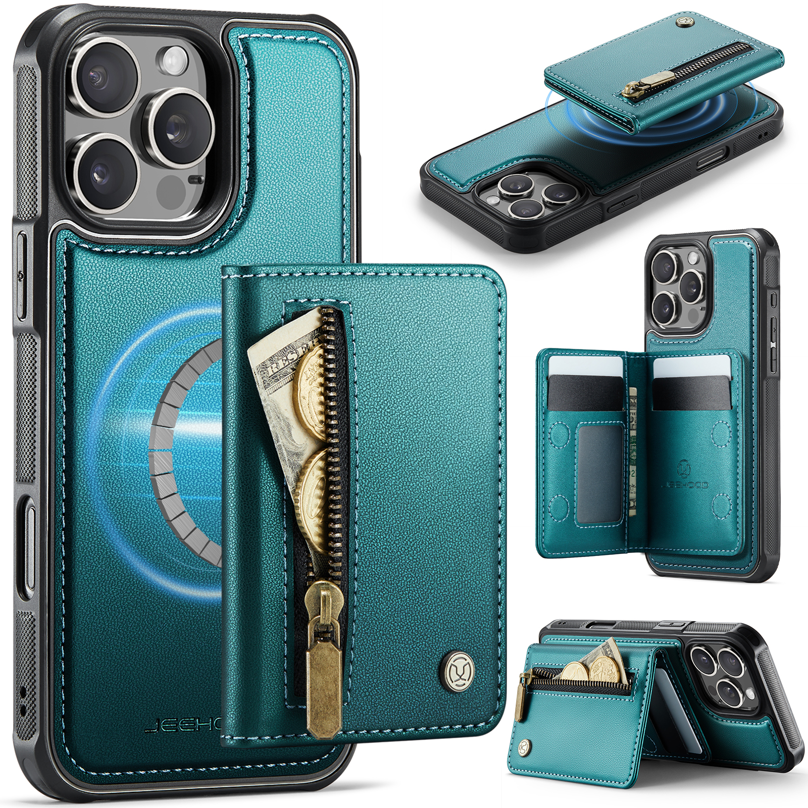 For iPhone 16 Pro Case JEEHOOD J12 Magnetic Detachable Zipper Wallet Kickstand Leather Back Cover Compatible with MagSafe - Blue