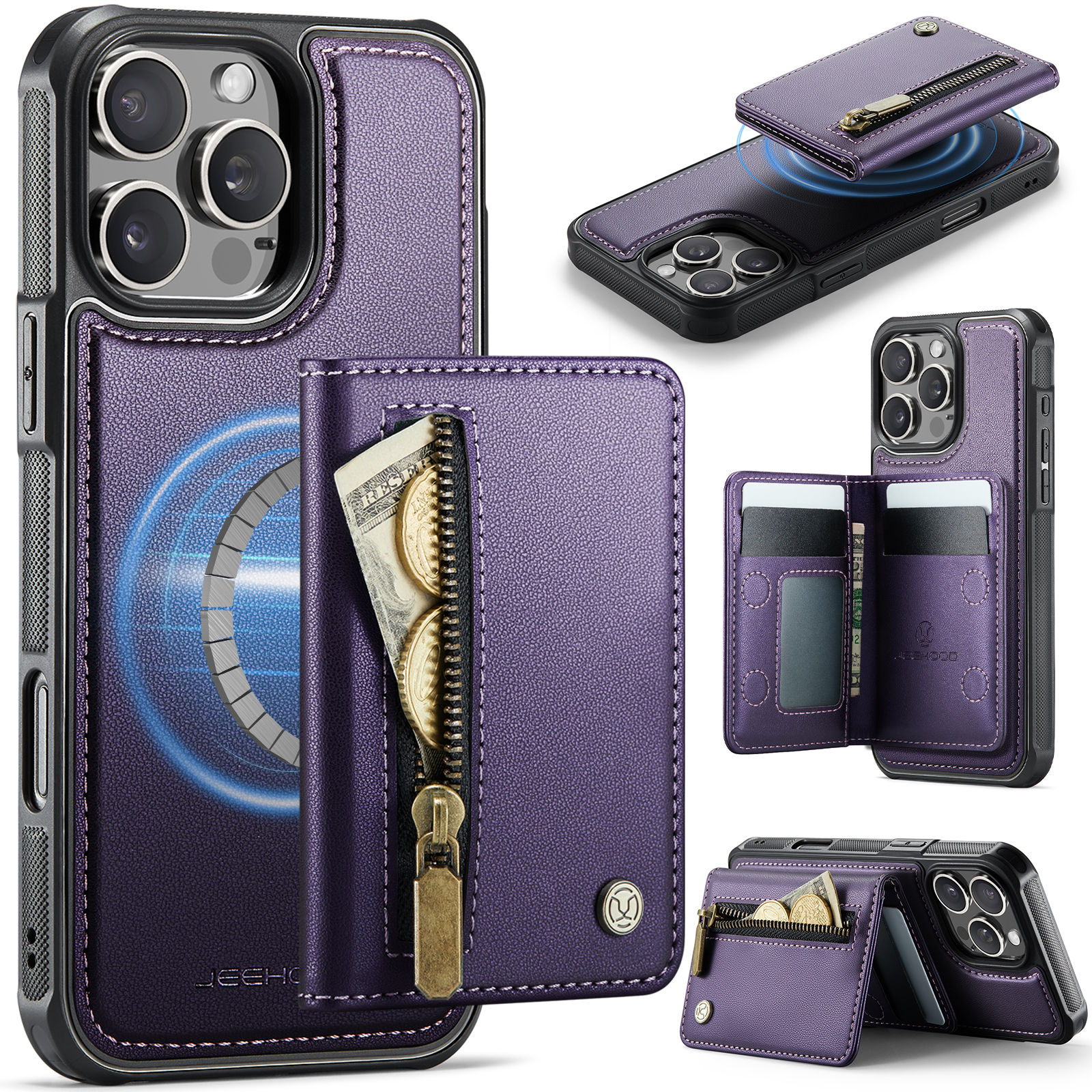 For iPhone 16 Pro Case JEEHOOD J12 Magnetic Detachable Zipper Wallet Kickstand Leather Back Cover Compatible with MagSafe - Purple