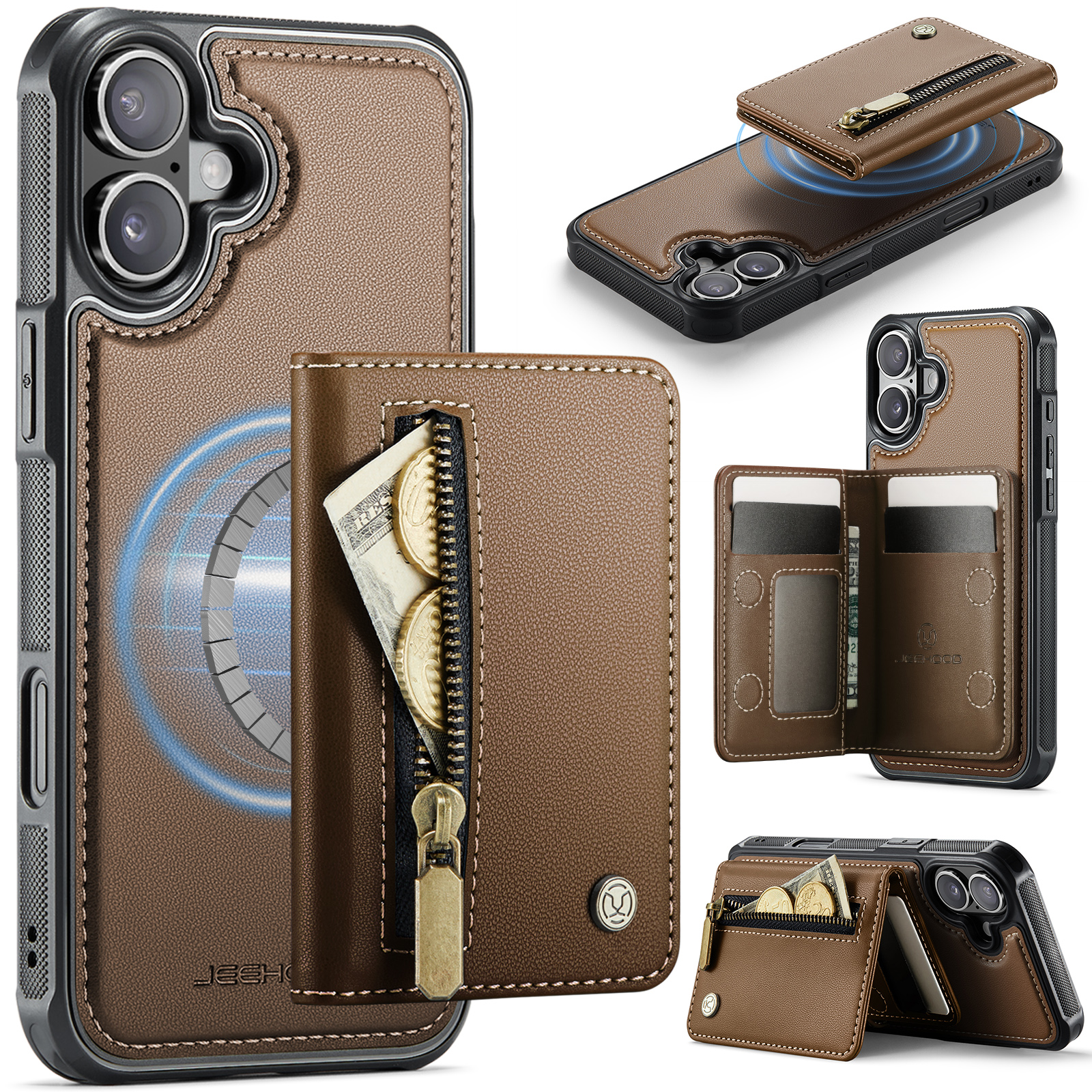For iPhone 16 Case JEEHOOD J12 Magnetic  Detachable Zipper Wallet Kickstand Leather Back Cover Compatible with MagSafe - Brown