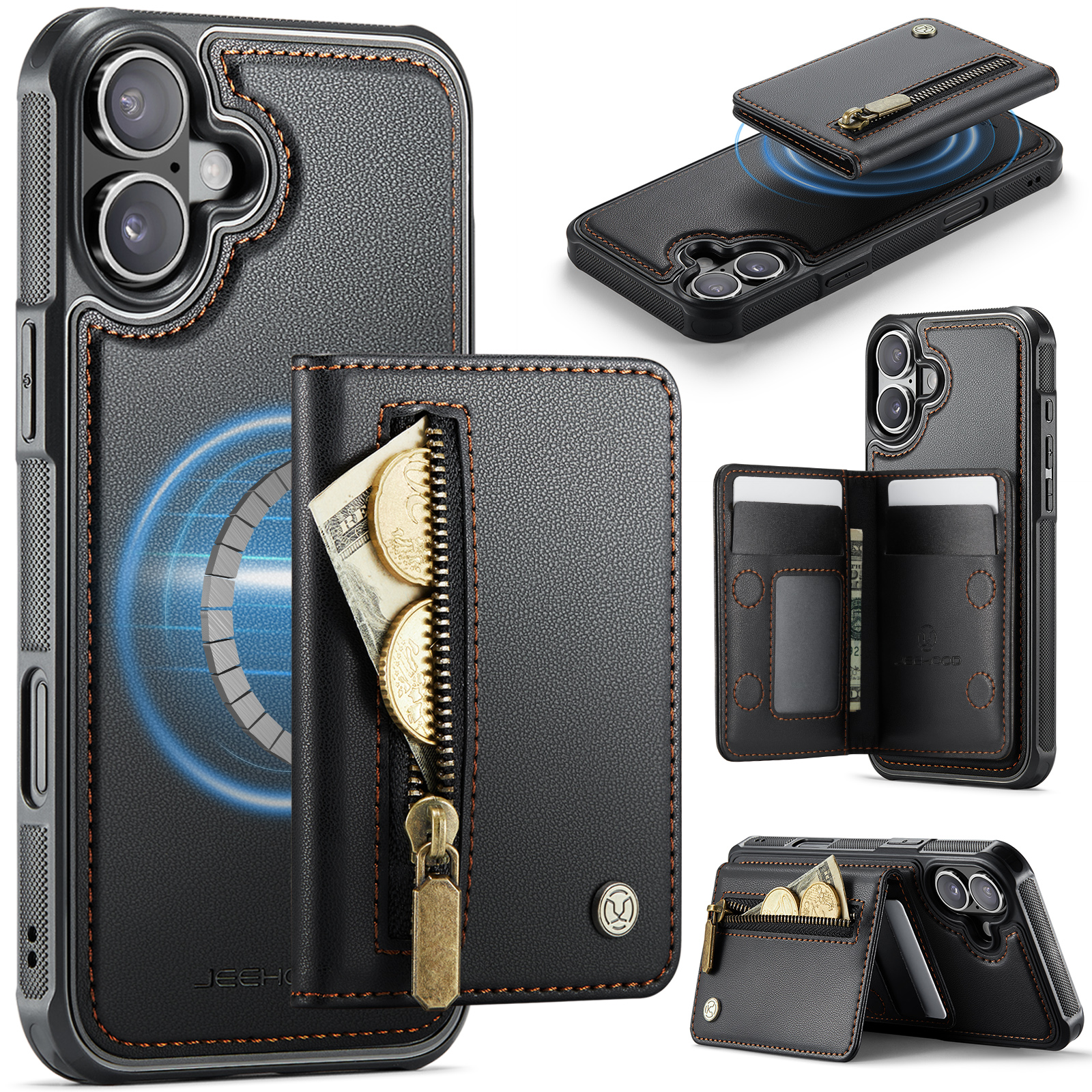For iPhone 16 Case JEEHOOD J12 Magnetic  Detachable Zipper Wallet Kickstand Leather Back Cover Compatible with MagSafe - Black