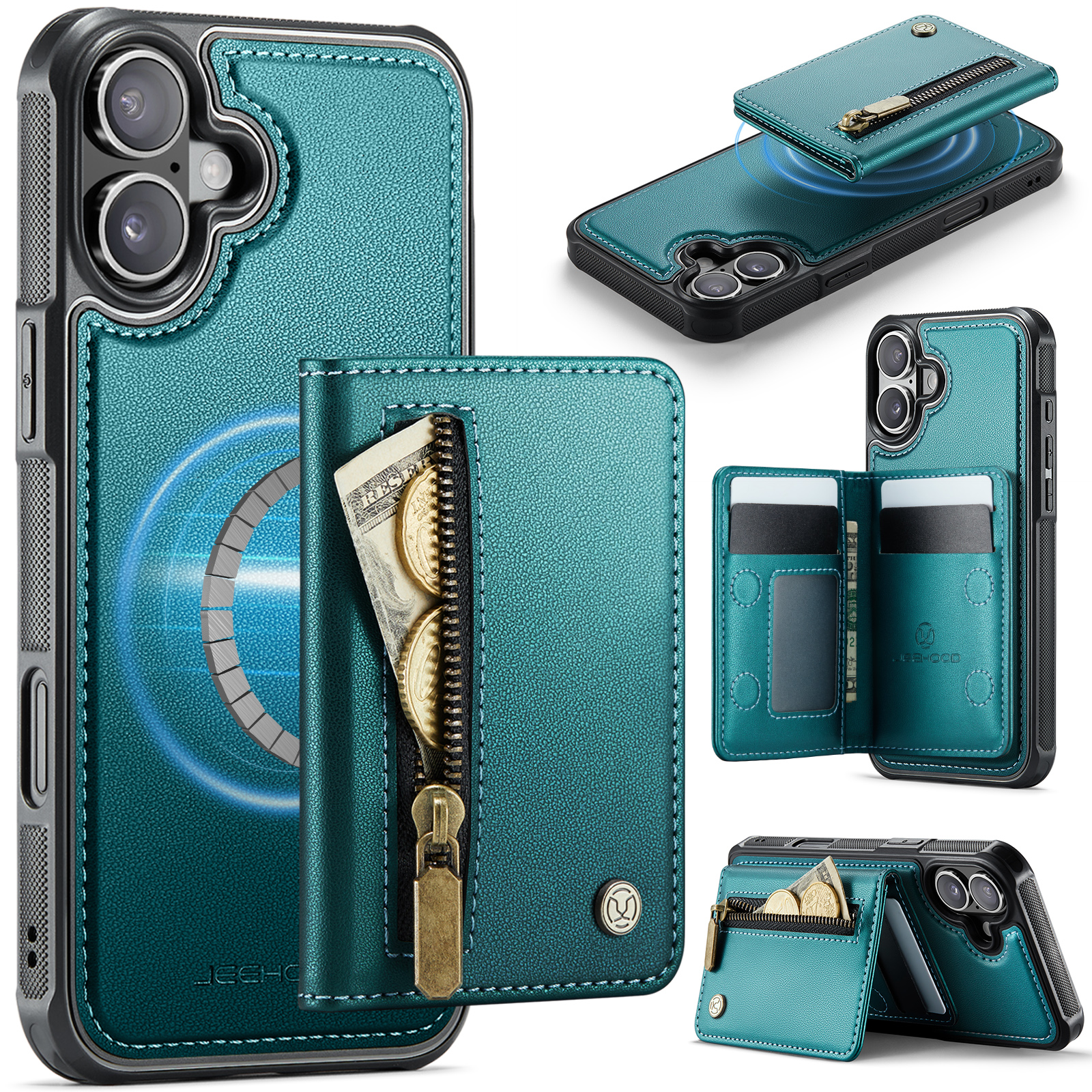 For iPhone 16 Case JEEHOOD J12 Magnetic  Detachable Zipper Wallet Kickstand Leather Back Cover Compatible with MagSafe - Blue