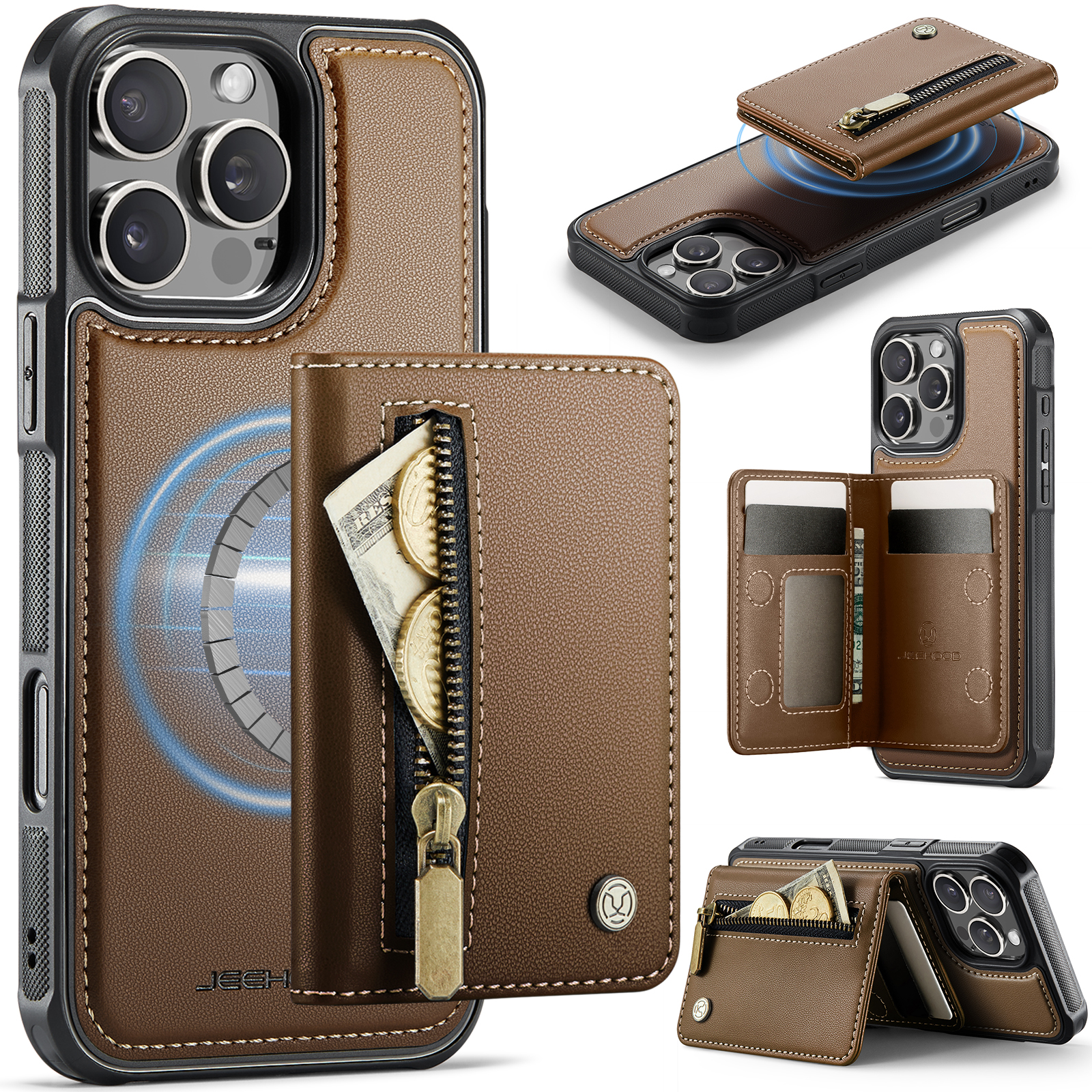 For iPhone 16 Pro Max Case JEEHOOD J12 Magnetic  Detachable Zipper Wallet Kickstand Leather Back Cover Compatible with MagSafe - Brown