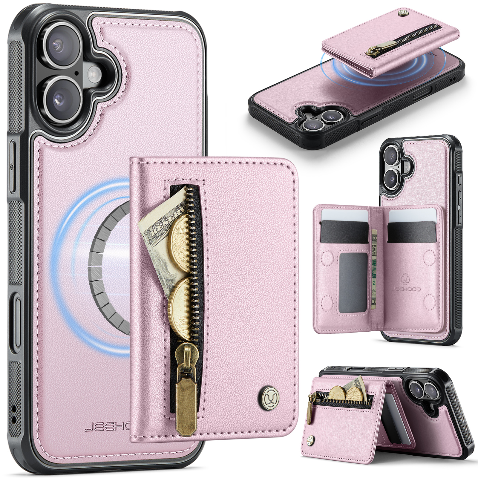 For iPhone 16 Plus Case JEEHOOD J12 Magnetic  Detachable Zipper Wallet Kickstand Leather Back Cover Compatible with MagSafe - Pink