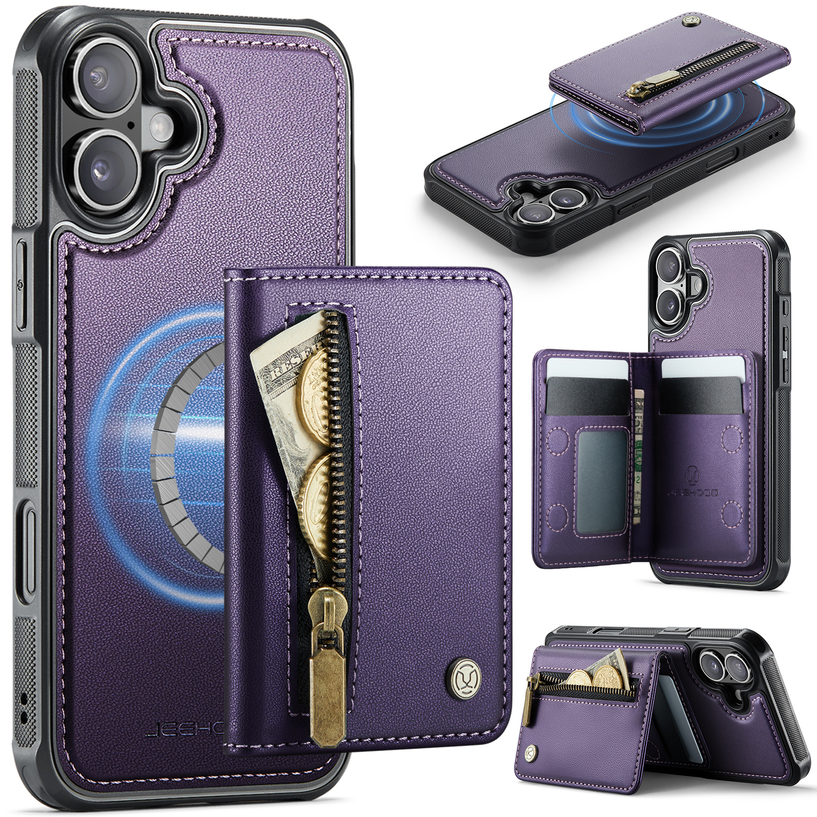 For iPhone 16 Plus Case JEEHOOD J12 Magnetic  Detachable Zipper Wallet Kickstand Leather Back Cover Compatible with MagSafe - Purple