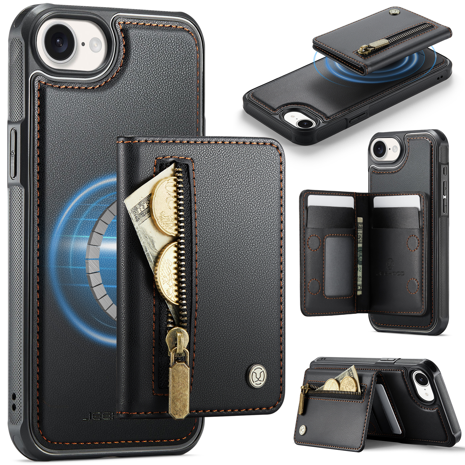 For iPhone 16e Case JEEHOOD J12 Magnetic Detachable Zipper Wallet Kickstand Leather Back Cover Compatible with MagSafe - Black