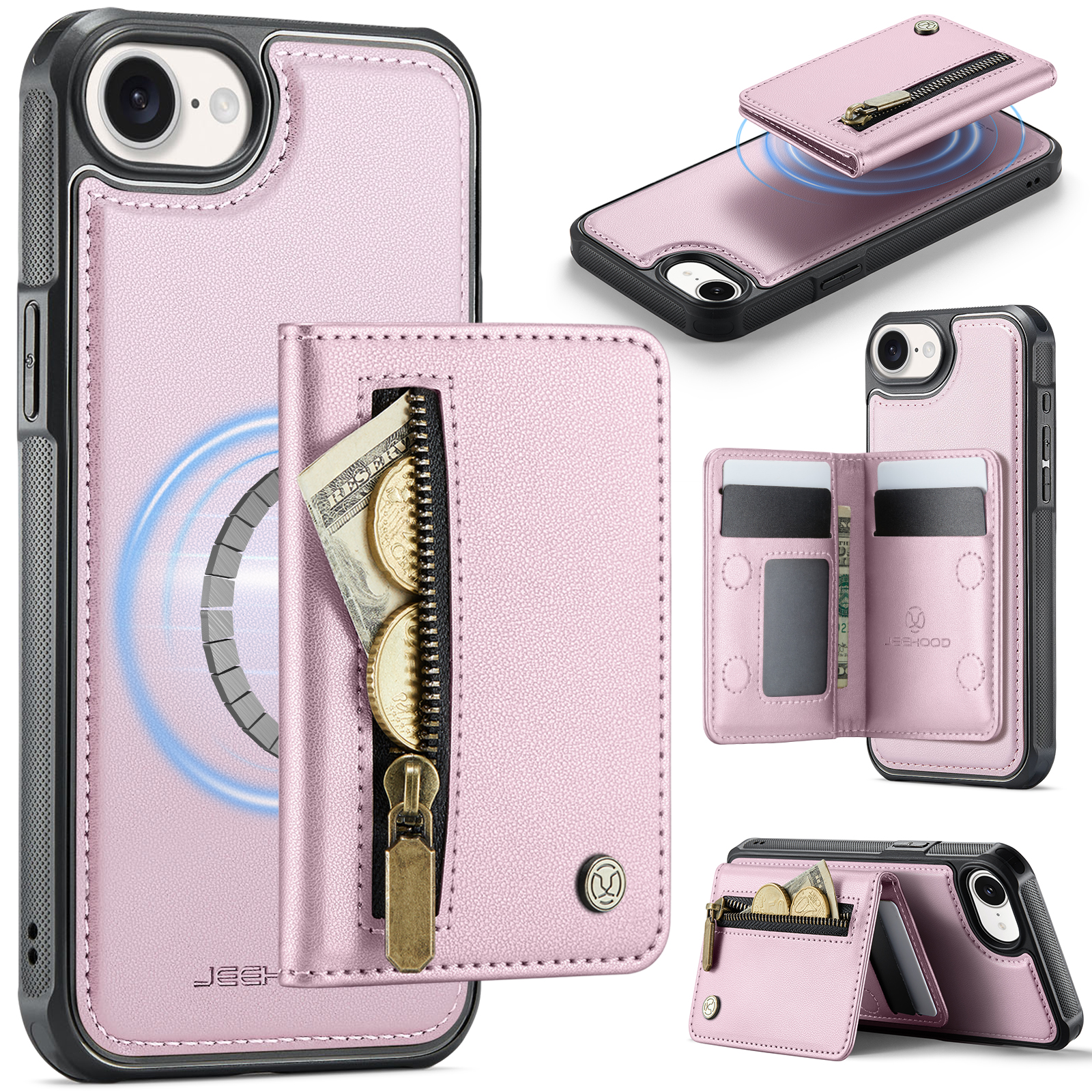 For iPhone 16e Case JEEHOOD J12 Magnetic Detachable Zipper Wallet Kickstand Leather Back Cover Compatible with MagSafe - Pink