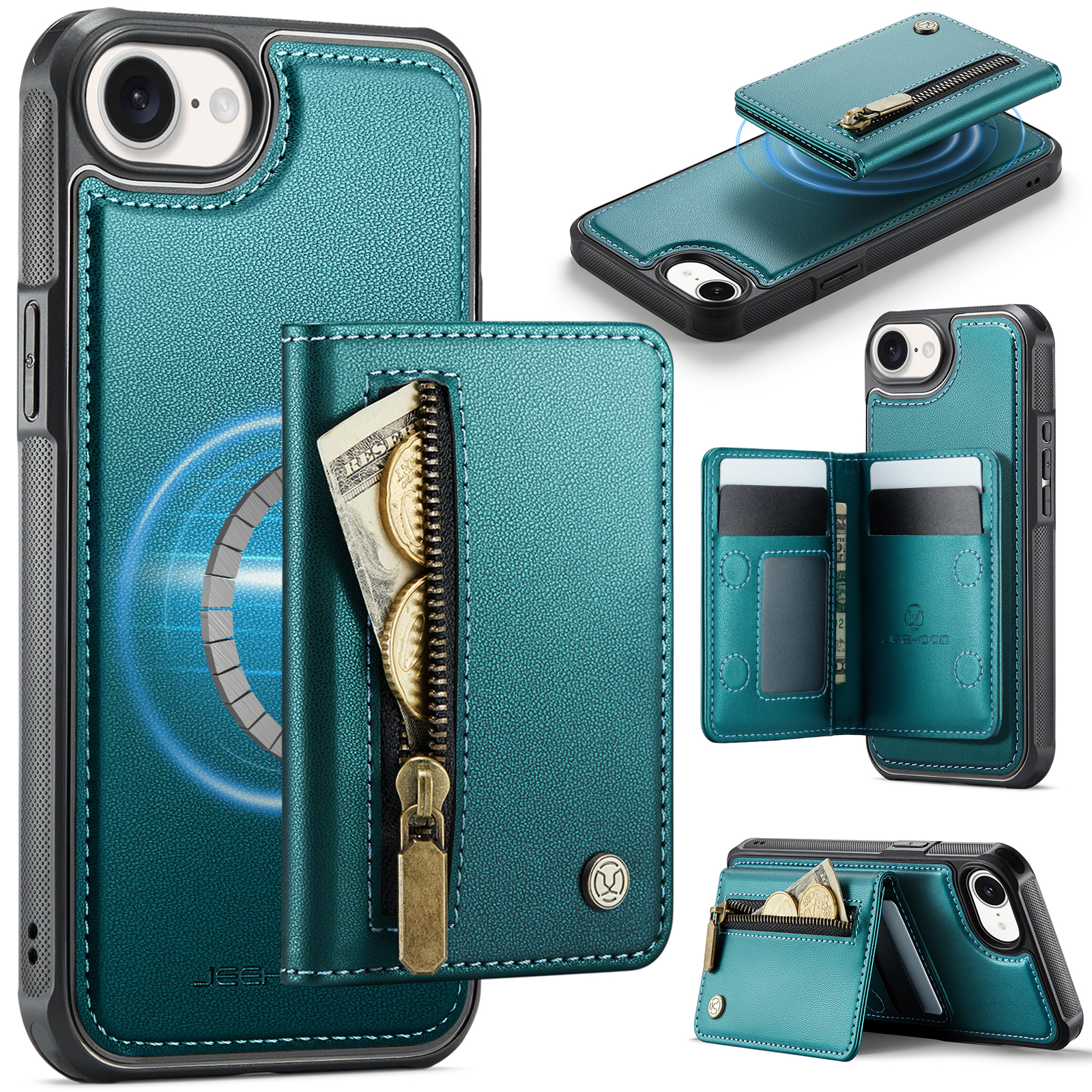 For iPhone 16e Case JEEHOOD J12 Magnetic Detachable Zipper Wallet Kickstand Leather Back Cover Compatible with MagSafe - Blue