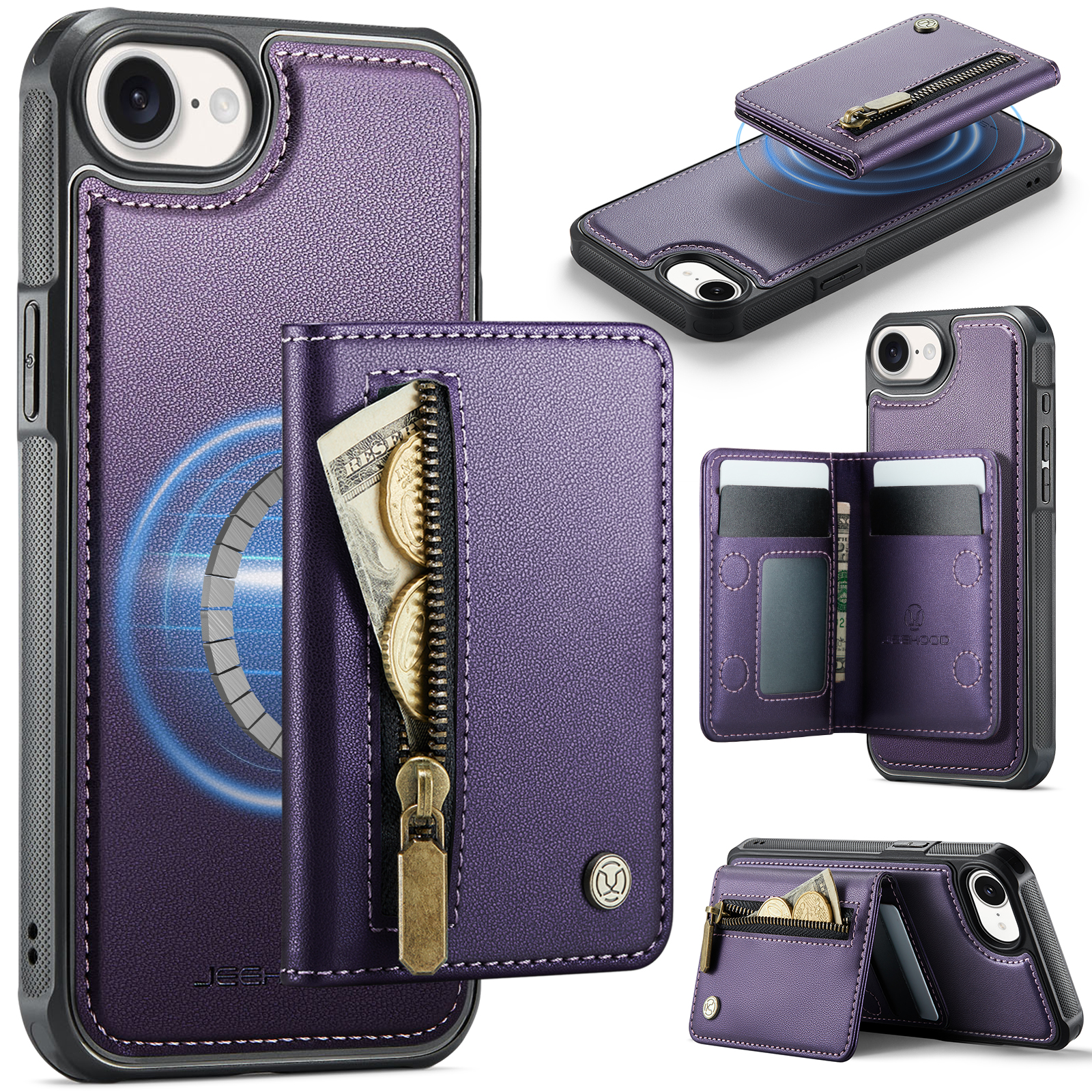 For iPhone 16e Case JEEHOOD J12 Magnetic Detachable Zipper Wallet Kickstand Leather Back Cover Compatible with MagSafe - Purple