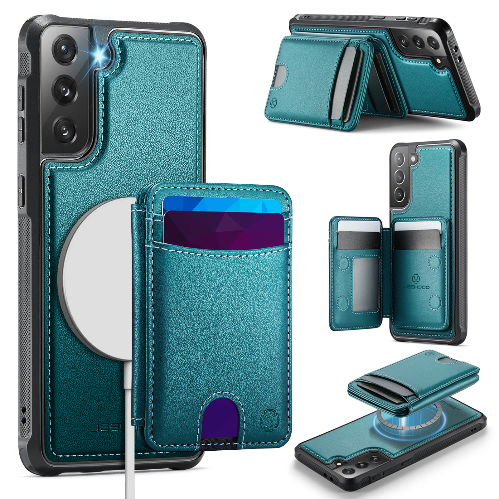 JEEHOOD For Samsung Galaxy S21+ 5G Case J10 Magnetic Case Leather Back Phone Cover with Detachable Card Holder Kickstand - Blue