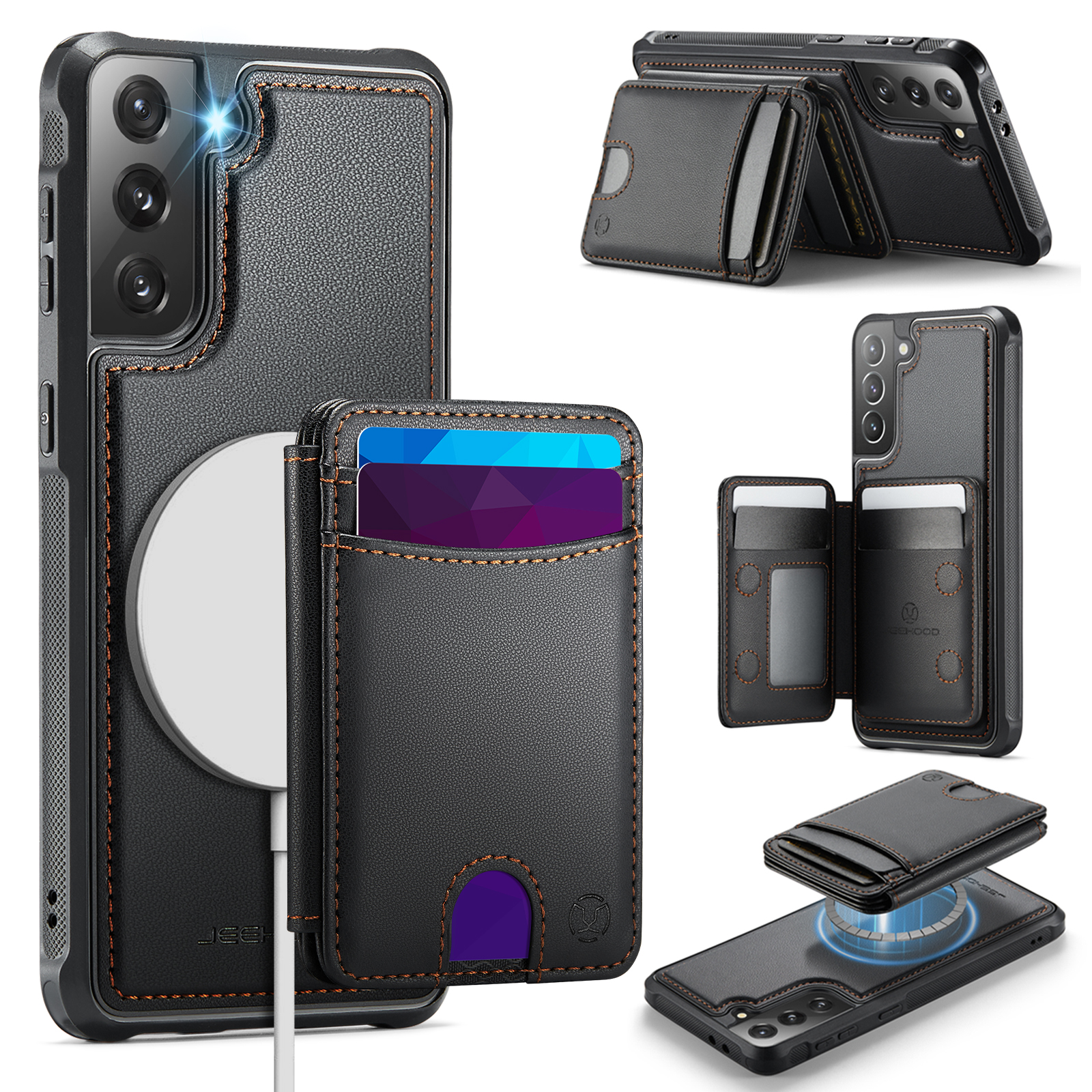 JEEHOOD For Samsung Galaxy S21+ 5G Case  J10  Magnetic Case Leather Back Phone Cover with Detachable Card Holder Kickstand - Black