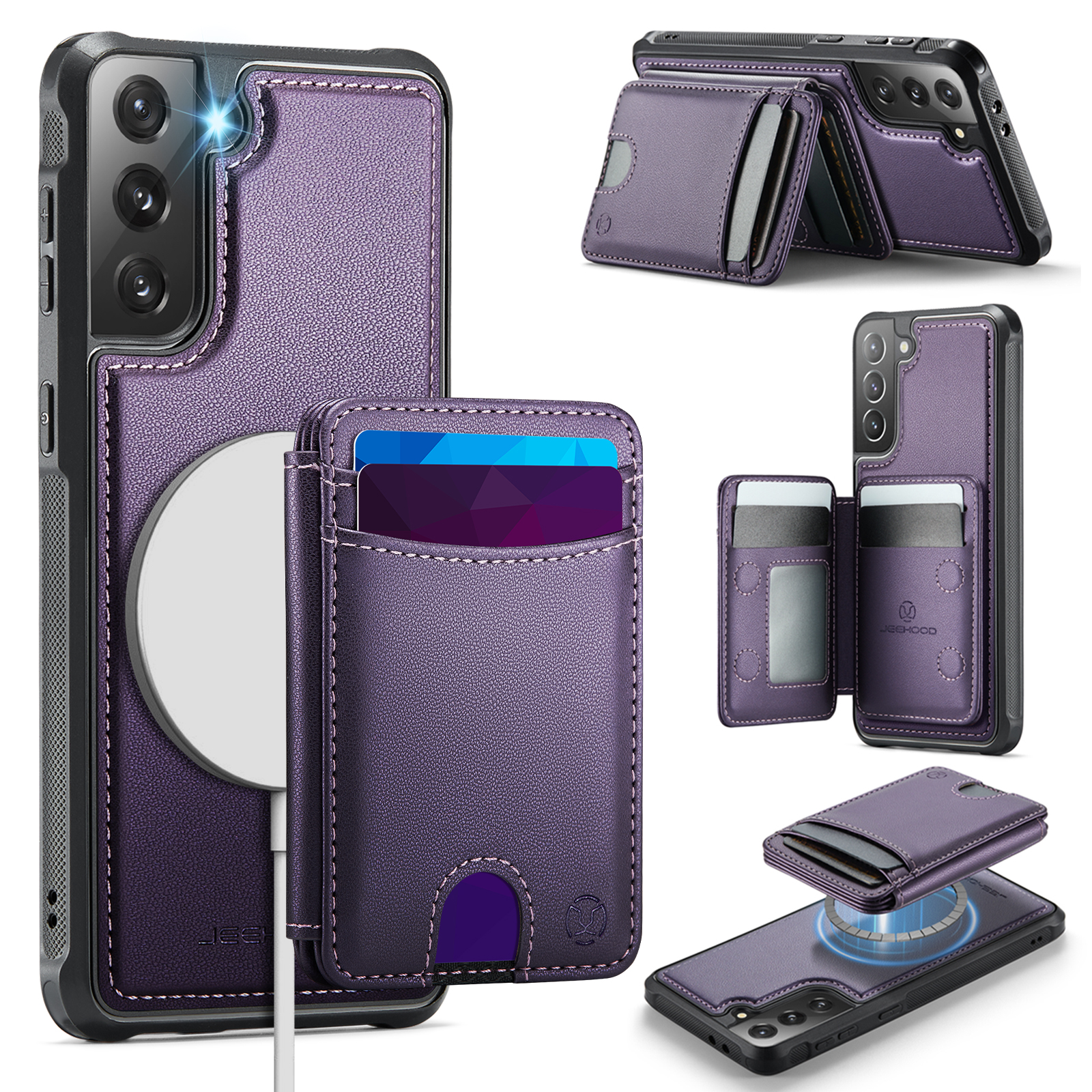 JEEHOOD For Samsung Galaxy S21+ 5G Case J10 Magnetic Case Leather Back Phone Cover with Detachable Card Holder Kickstand - Purple