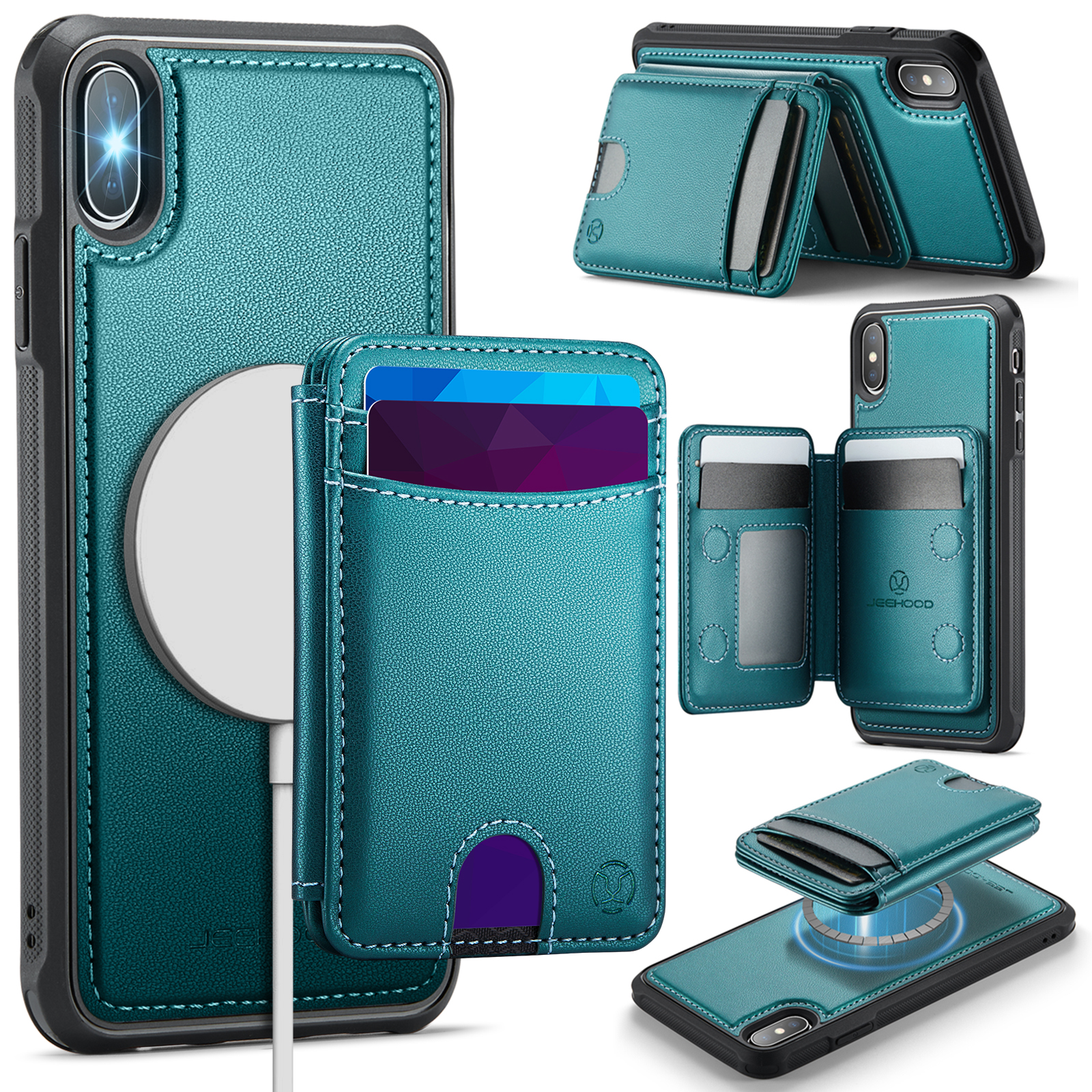For iPhone XS Max 6.5 inch Case JEEHOOD J10  Compatible with MagSafe Leather Back Phone Cover with Detachable Card Holder Kickstand - Blue