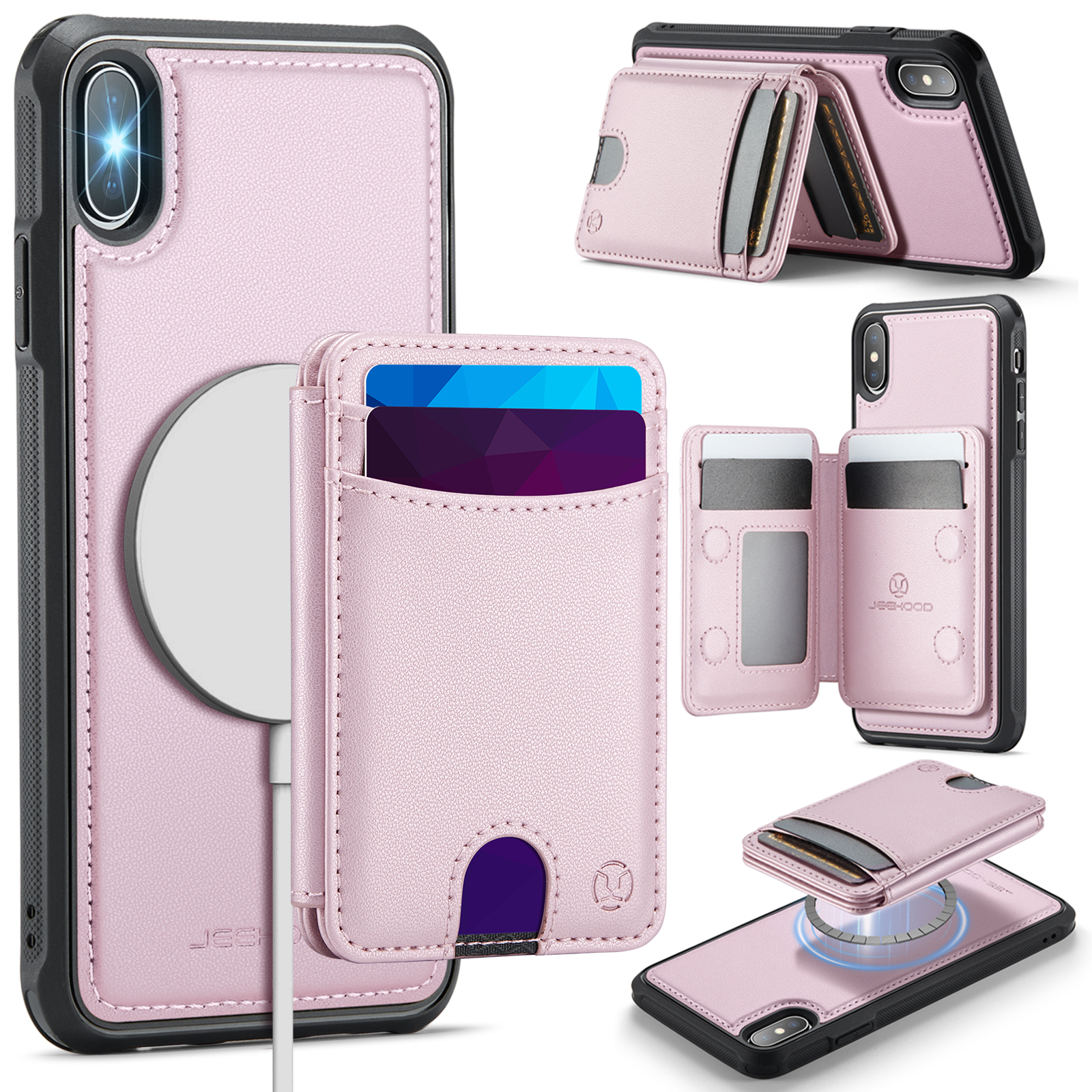 For iPhone XS Max 6.5 inch Case JEEHOOD J10 Compatible with MagSafe Leather Back Phone Cover with Detachable Card Holder Kickstand - Pink