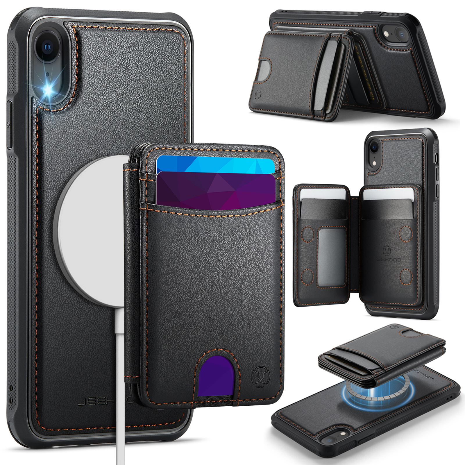 For iPhone XR 6.1 inch Case JEEHOOD J10  Compatible with MagSafe Leather Back Phone Cover with Detachable Card Holder Kickstand - Black