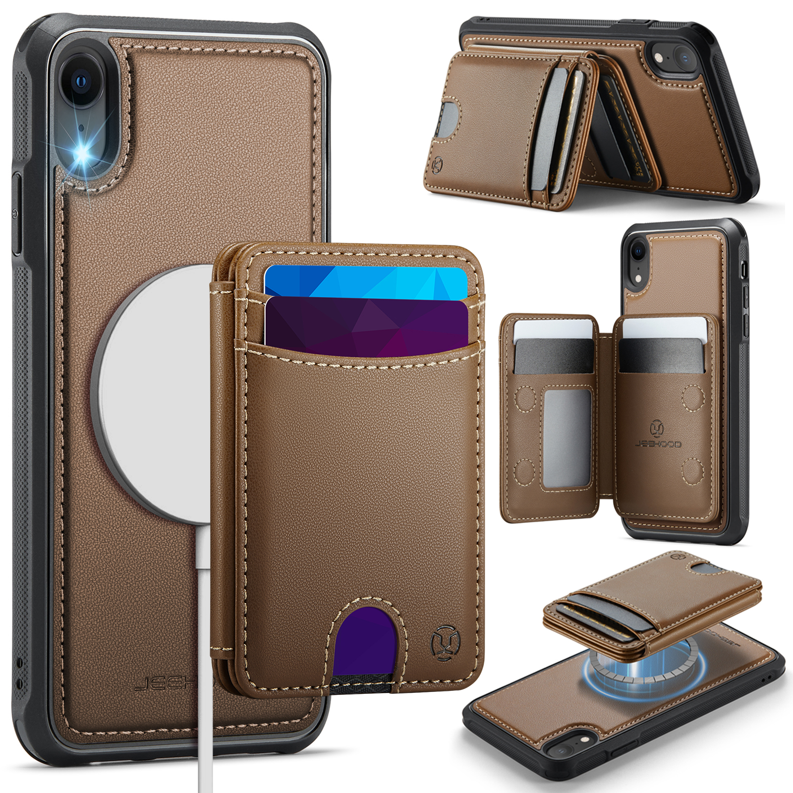 For iPhone XR 6.1 inch Case JEEHOOD J10  Compatible with MagSafe Leather Back Phone Cover with Detachable Card Holder Kickstand - Brown