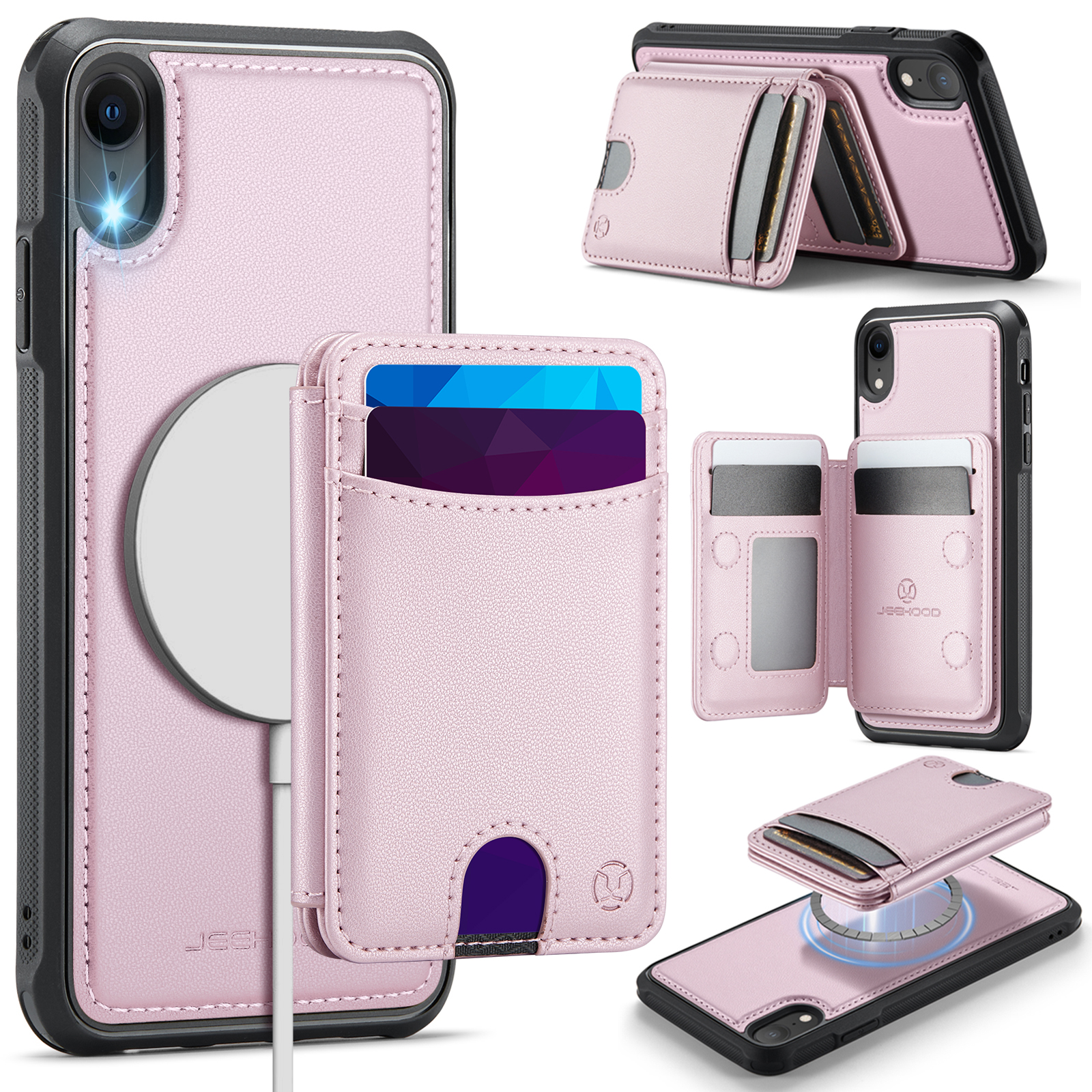 For iPhone XR 6.1 inch Case JEEHOOD J10  Compatible with MagSafe Leather Back Phone Cover with Detachable Card Holder Kickstand - Pink