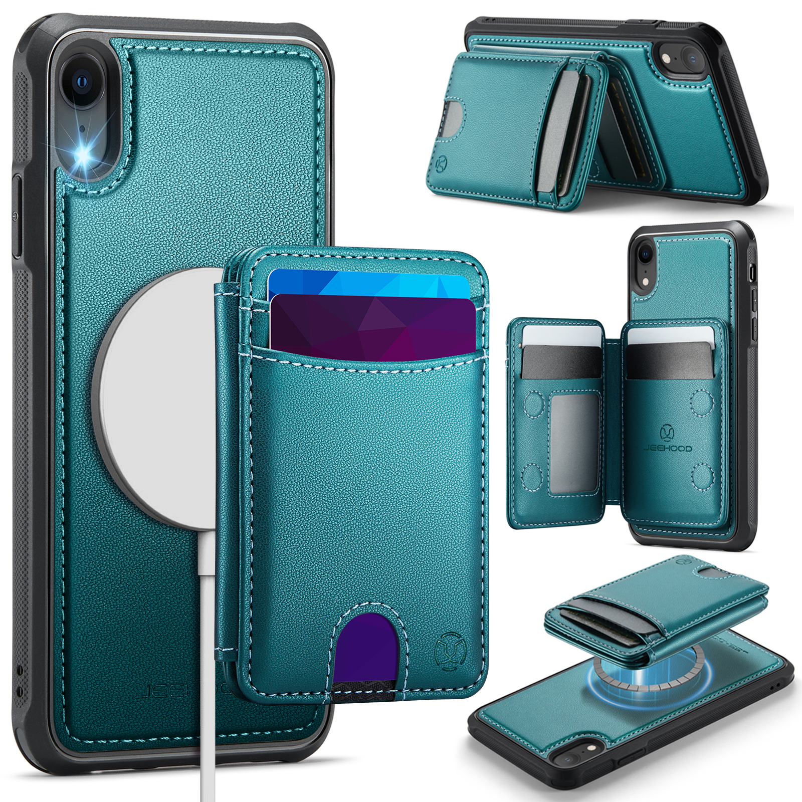For iPhone XR 6.1 inch Case JEEHOOD J10  Compatible with MagSafe Leather Back Phone Cover with Detachable Card Holder Kickstand - Blue