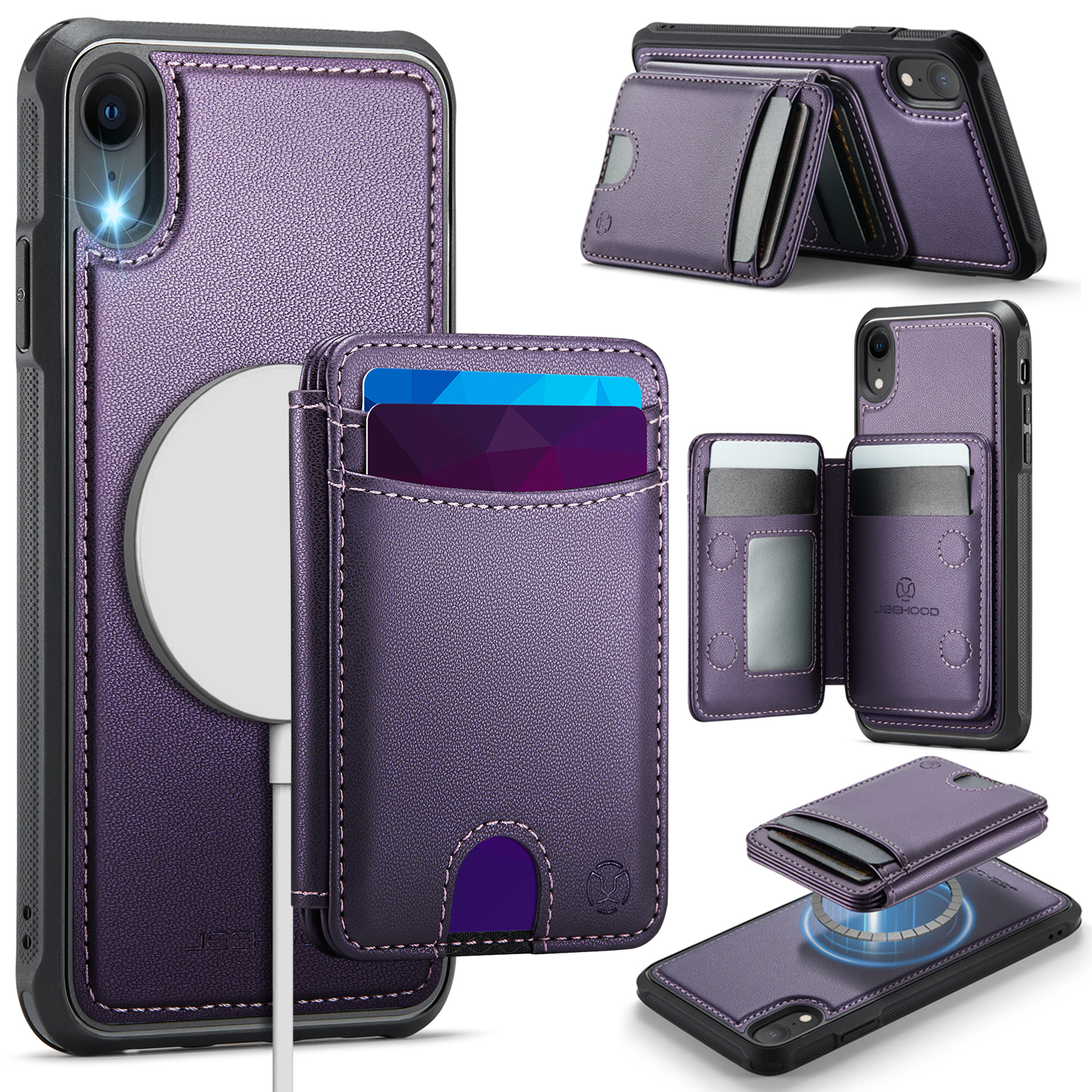 For iPhone XR 6.1 inch Case JEEHOOD J10  Compatible with MagSafe Leather Back Phone Cover with Detachable Card Holder Kickstand - Purple