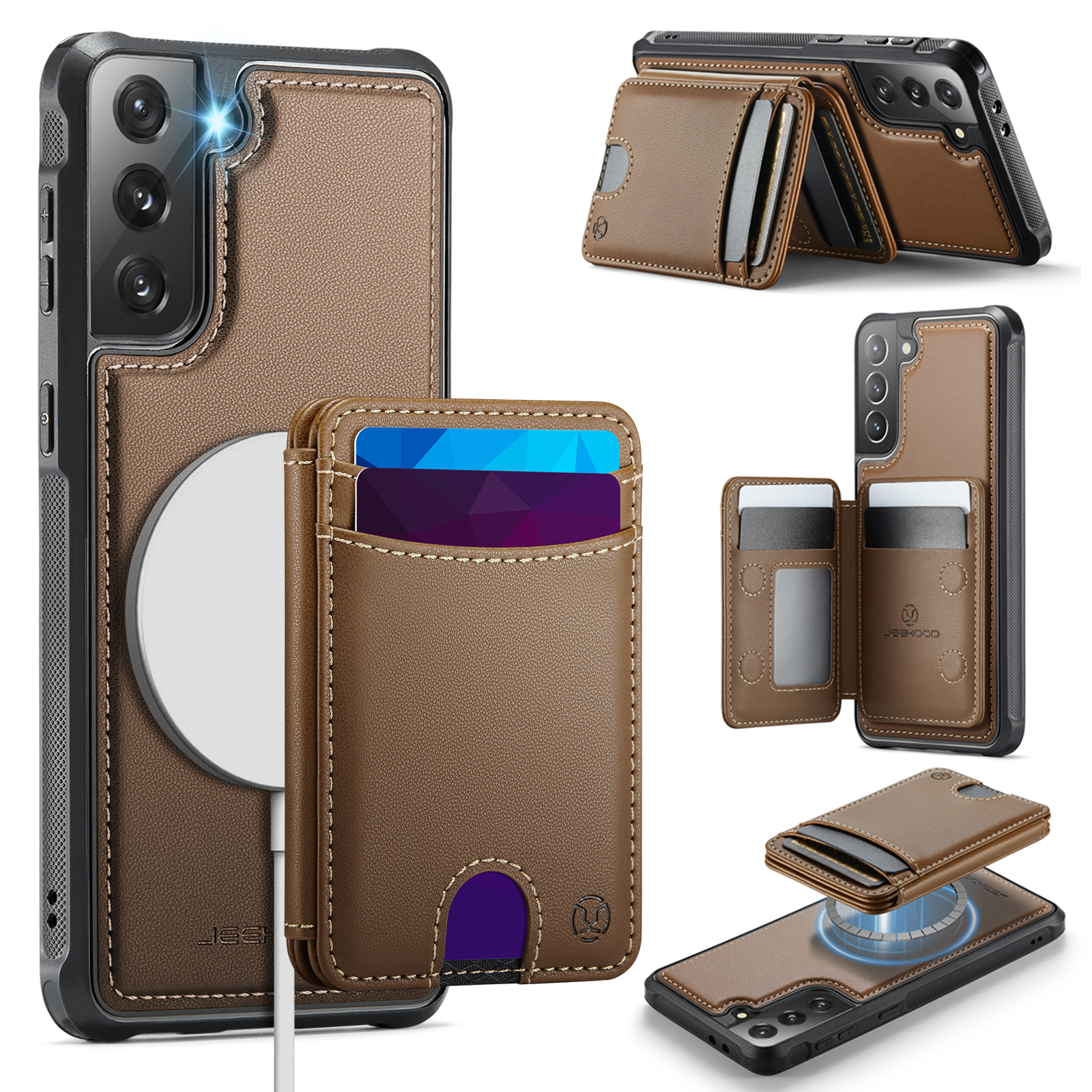 JEEHOOD For Samsung Galaxy S21 5G Case  J10  Magnetic Case Leather Back Phone Cover with Detachable Card Holder Kickstand - Brown
