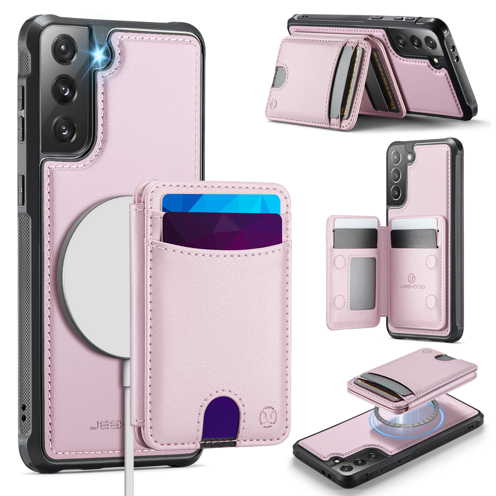 JEEHOOD For Samsung Galaxy S21 5G Case J10 Magnetic Case Leather Back Phone Cover with Detachable Card Holder Kickstand - Pink