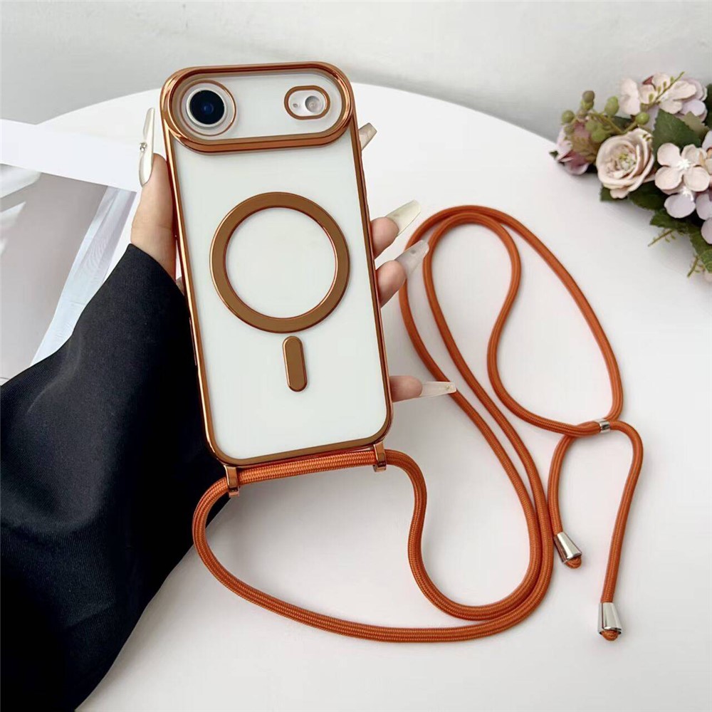 For iPhone Air Case Compatible with MagSafe Electroplating Edge TPU Phone Cover with Shoulder Strap - Orange