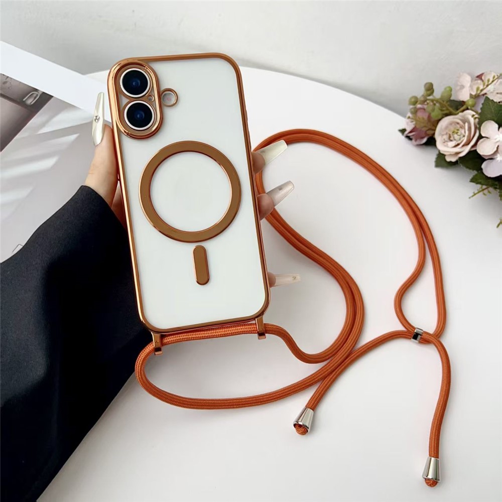 For iPhone 17 Case Compatible with MagSafe Electroplating Edge TPU Phone Cover with Shoulder Strap - Orange