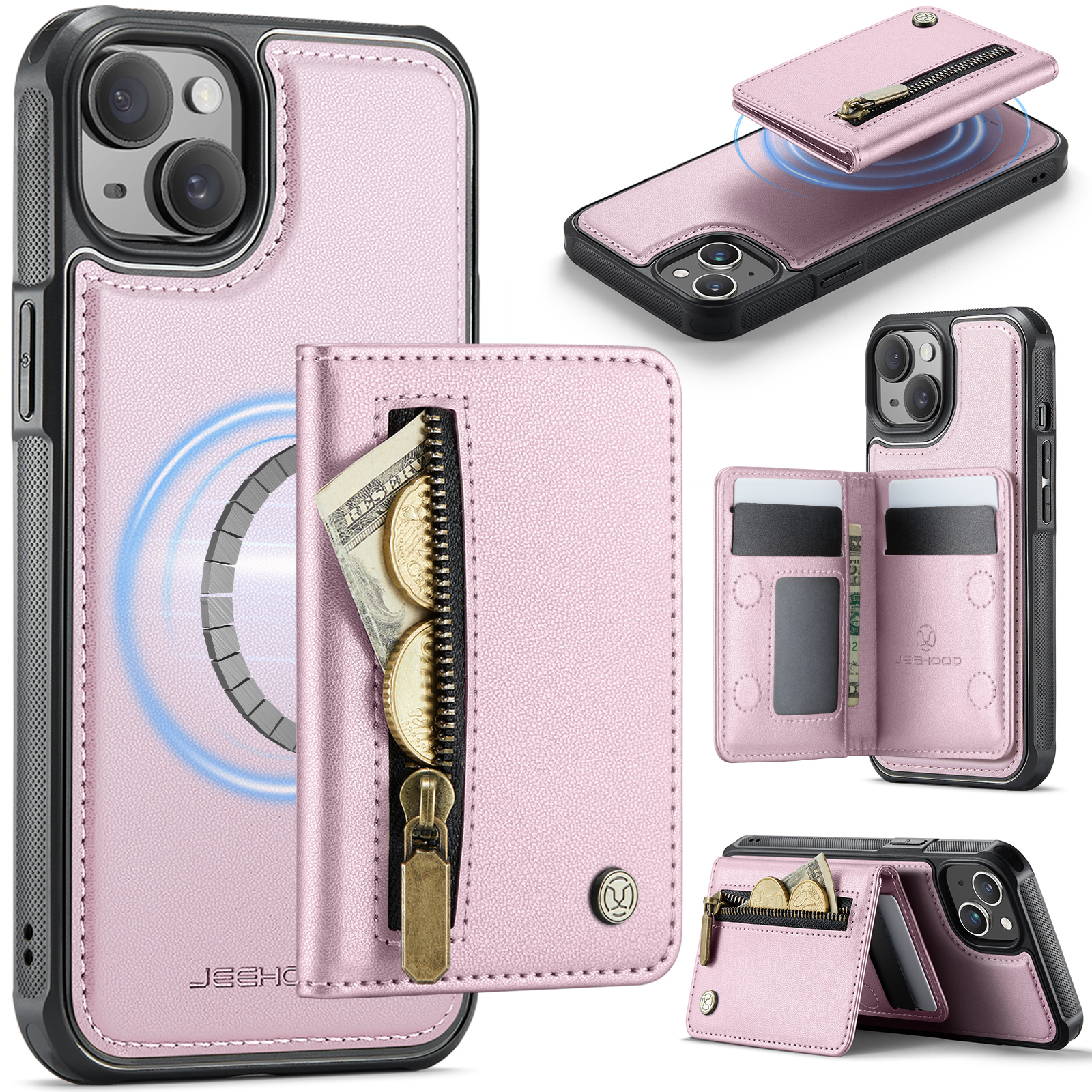 For iPhone 15 Case JEEHOOD J12 Magnetic  Detachable Zipper Wallet Kickstand Leather Back Cover Compatible with MagSafe - Pink