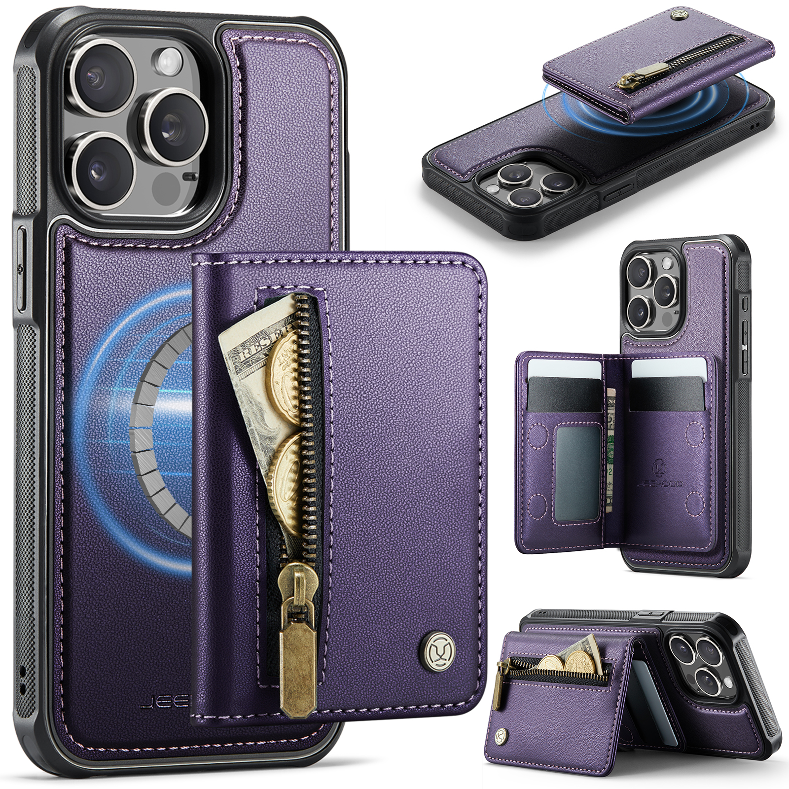 For iPhone 15 Pro Case JEEHOOD J12 Magnetic Detachable Zipper Wallet Kickstand Leather Back Cover Compatible with MagSafe - Purple