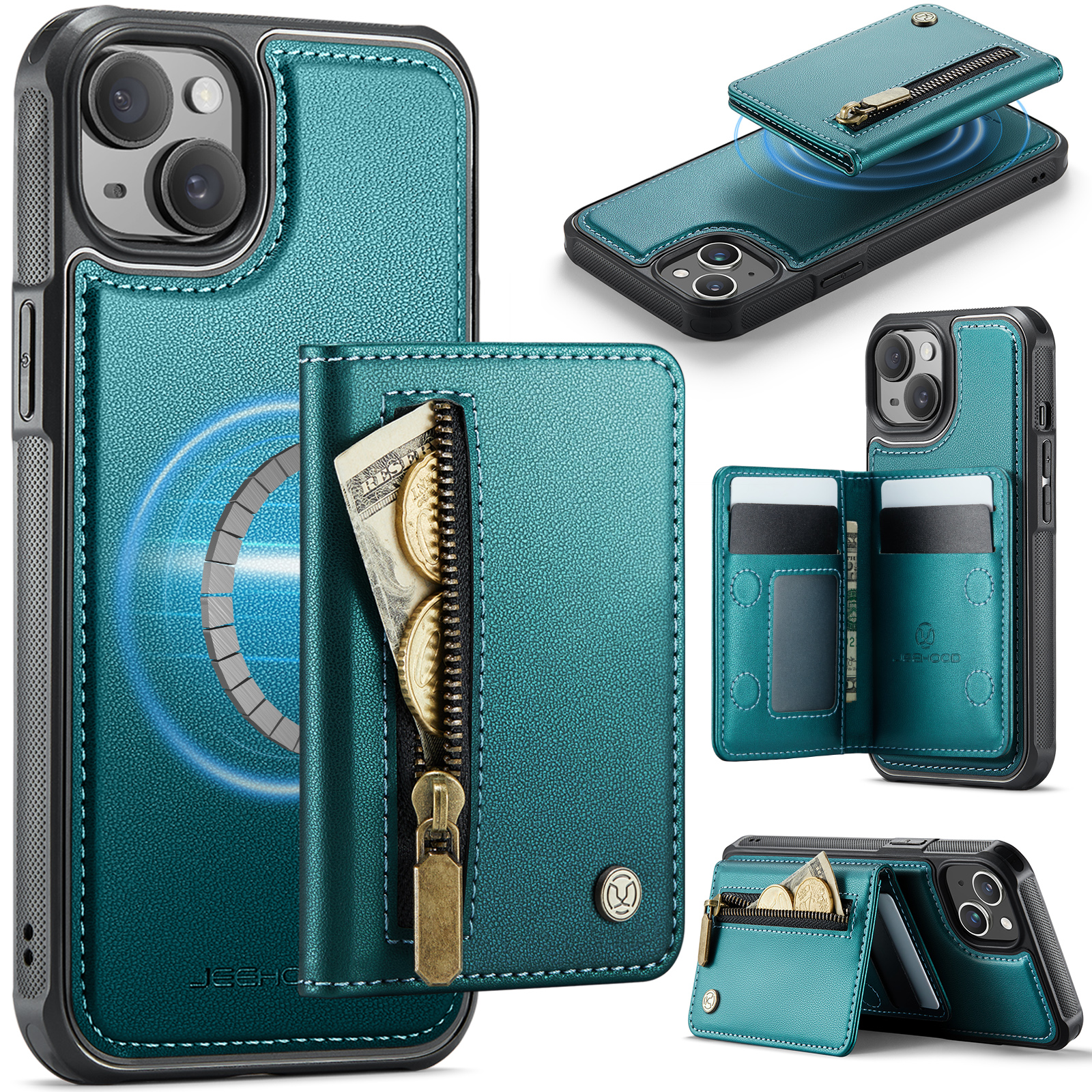 For iPhone 14 Case JEEHOOD J12 Magnetic  Detachable Zipper Wallet Kickstand Leather Back Cover Compatible with MagSafe - Blue