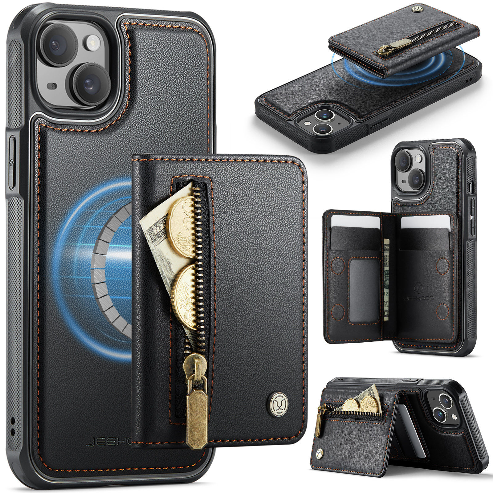 For iPhone 14 Case JEEHOOD J12 Magnetic  Detachable Zipper Wallet Kickstand Leather Back Cover Compatible with MagSafe - Black