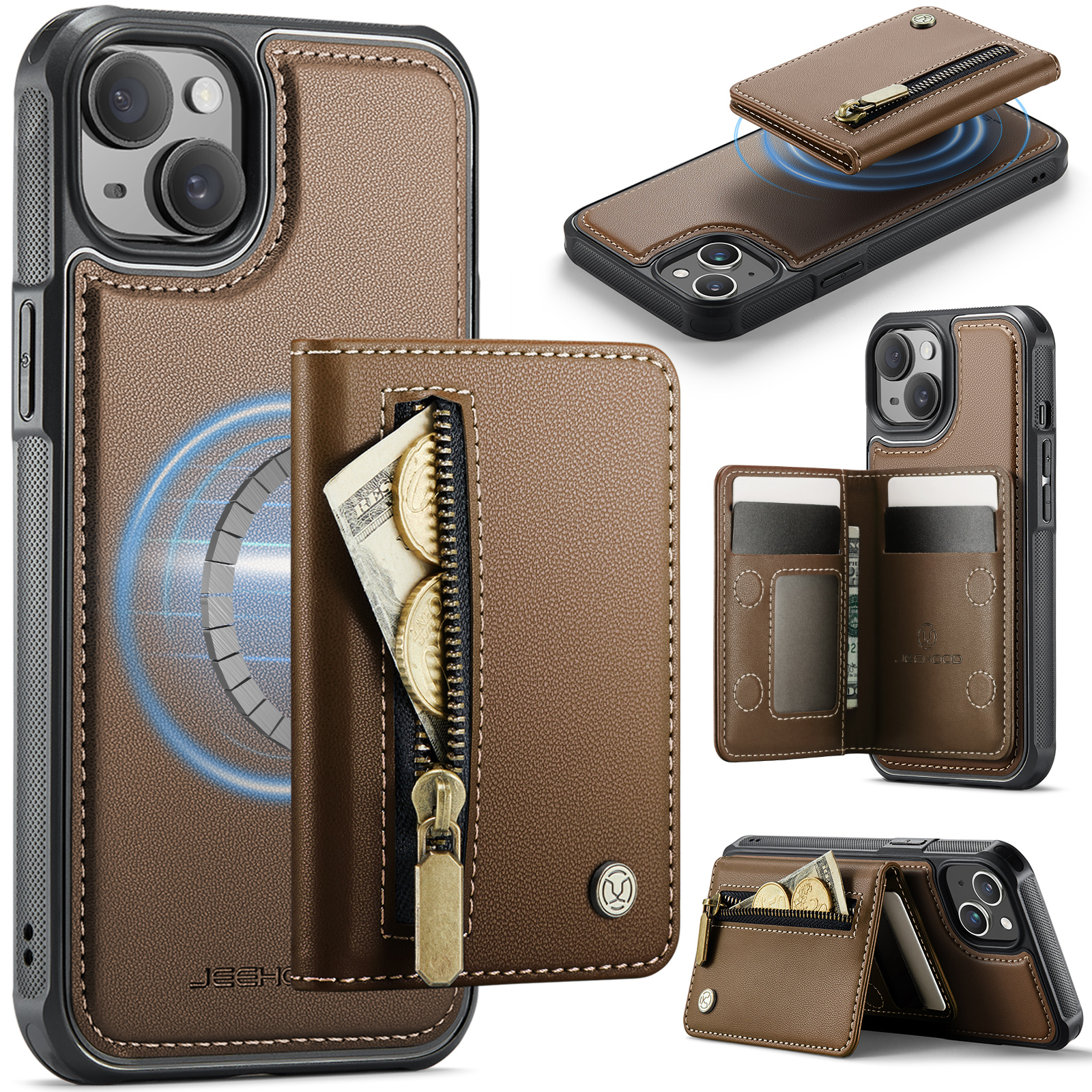 For iPhone 14 Case JEEHOOD J12 Magnetic  Detachable Zipper Wallet Kickstand Leather Back Cover Compatible with MagSafe - Brown