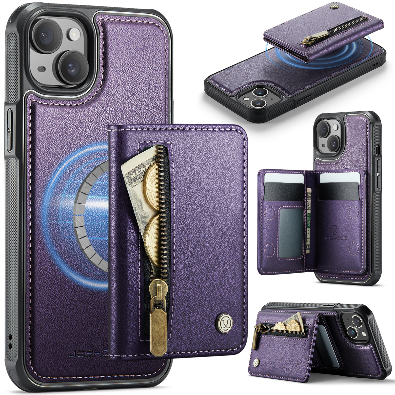 For iPhone 14 Case JEEHOOD J12 Magnetic  Detachable Zipper Wallet Kickstand Leather Back Cover Compatible with MagSafe - Purple