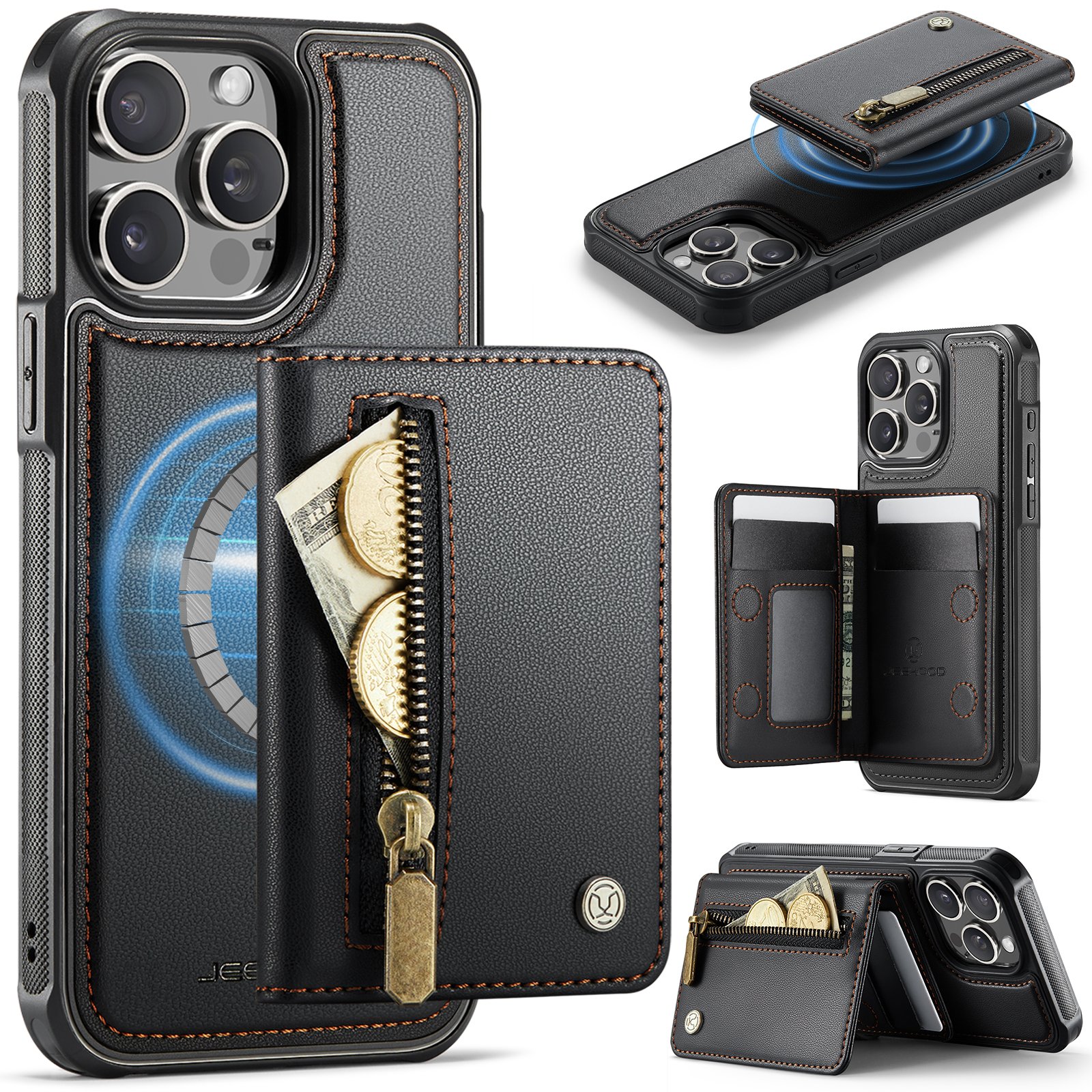 For iPhone 14 Pro Case JEEHOOD J12 Magnetic  Detachable Zipper Wallet Kickstand Leather Back Cover Compatible with MagSafe - Black