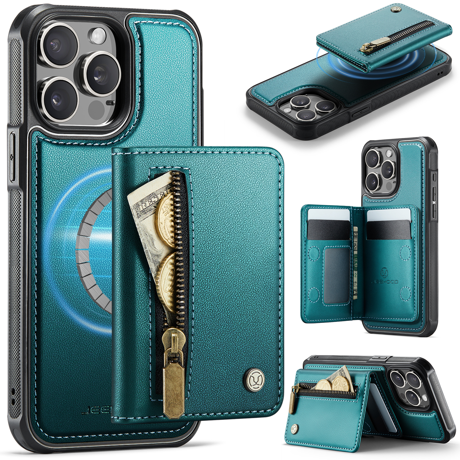 For iPhone 14 Pro Max Case JEEHOOD J12 Magnetic  Detachable Zipper Wallet Kickstand Leather Back Cover Compatible with MagSafe - Blue