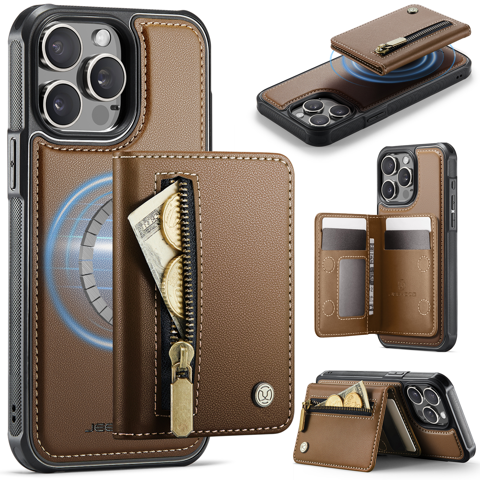 For iPhone 14 Pro Max Case JEEHOOD J12 Magnetic Detachable Zipper Wallet Kickstand Leather Back Cover Compatible with MagSafe - Brown