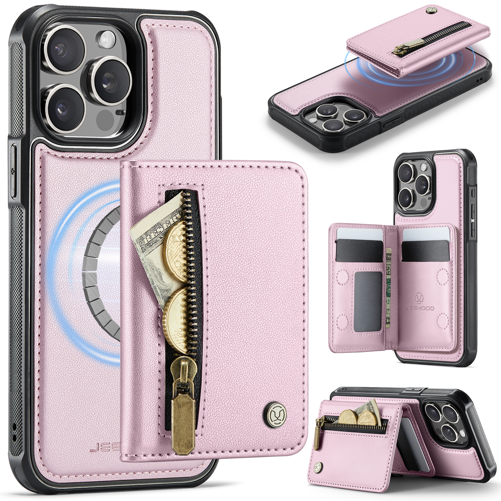 For iPhone 14 Pro Max Case JEEHOOD J12 Magnetic Detachable Zipper Wallet Kickstand Leather Back Cover Compatible with MagSafe - Pink