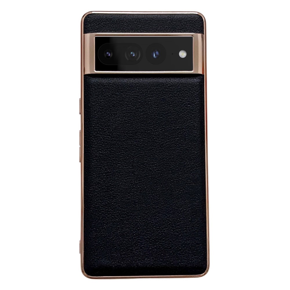 For Google Pixel 7 Pro 5G Nano Electroplating Protective Case Textured Genuine Cowhide Leather Coating PC+TPU Phone Back Cover - Black-1