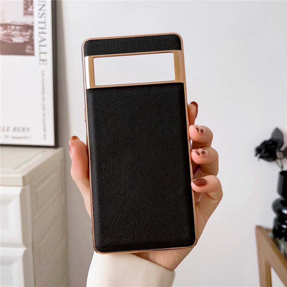 For Google Pixel 7 Pro 5G Nano Electroplating Protective Case Textured Genuine Cowhide Leather Coating PC+TPU Phone Back Cover - Black-2