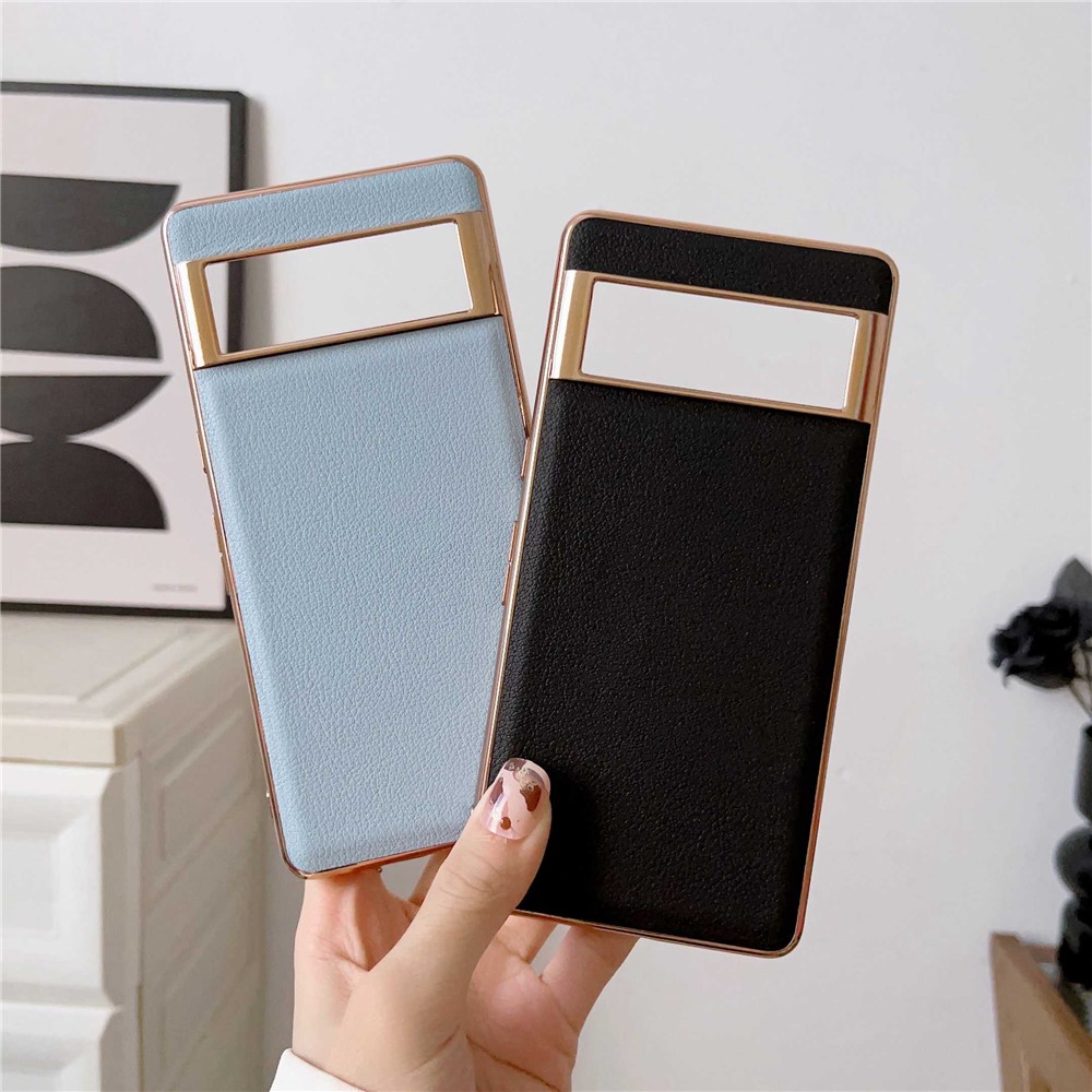 For Google Pixel 7 Pro 5G Nano Electroplating Protective Case Textured Genuine Cowhide Leather Coating PC+TPU Phone Back Cover - Black-4