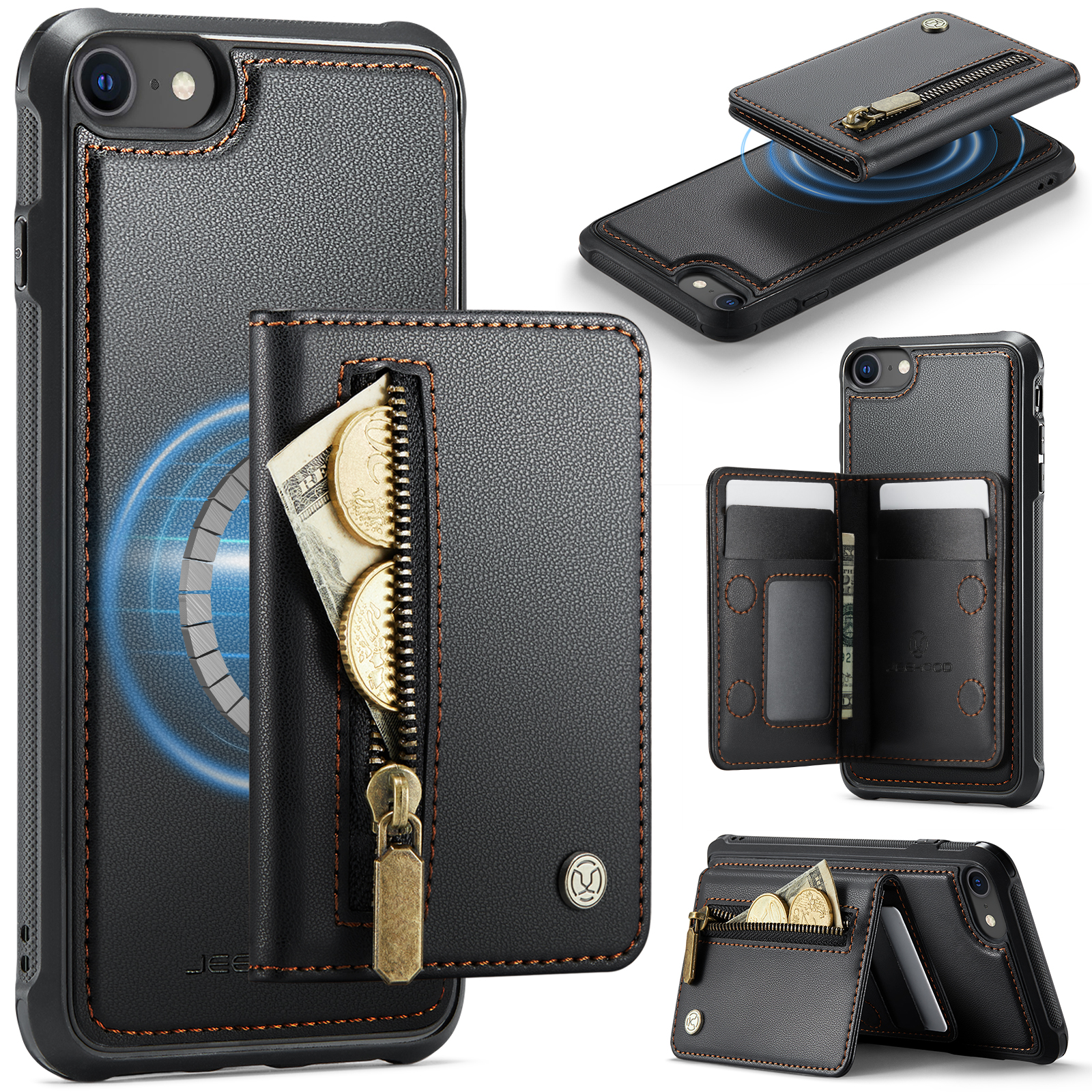 JEEHOOD For iPhone 8 4.7 inch / iPhone SE (2020) / iPhone SE (2022) / iPhone 7 4.7 inch Case  J12 Magnetic Detachable Zipper Wallet Kickstand Leather Back Cover Compatible with MagSafe - Black