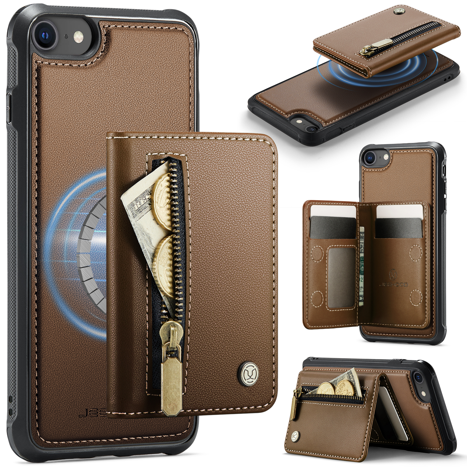 JEEHOOD For iPhone 8 4.7 inch / iPhone SE (2020) / iPhone SE (2022) / iPhone 7 4.7 inch Case  J12 Magnetic Detachable Zipper Wallet Kickstand Leather Back Cover Compatible with MagSafe - Brown