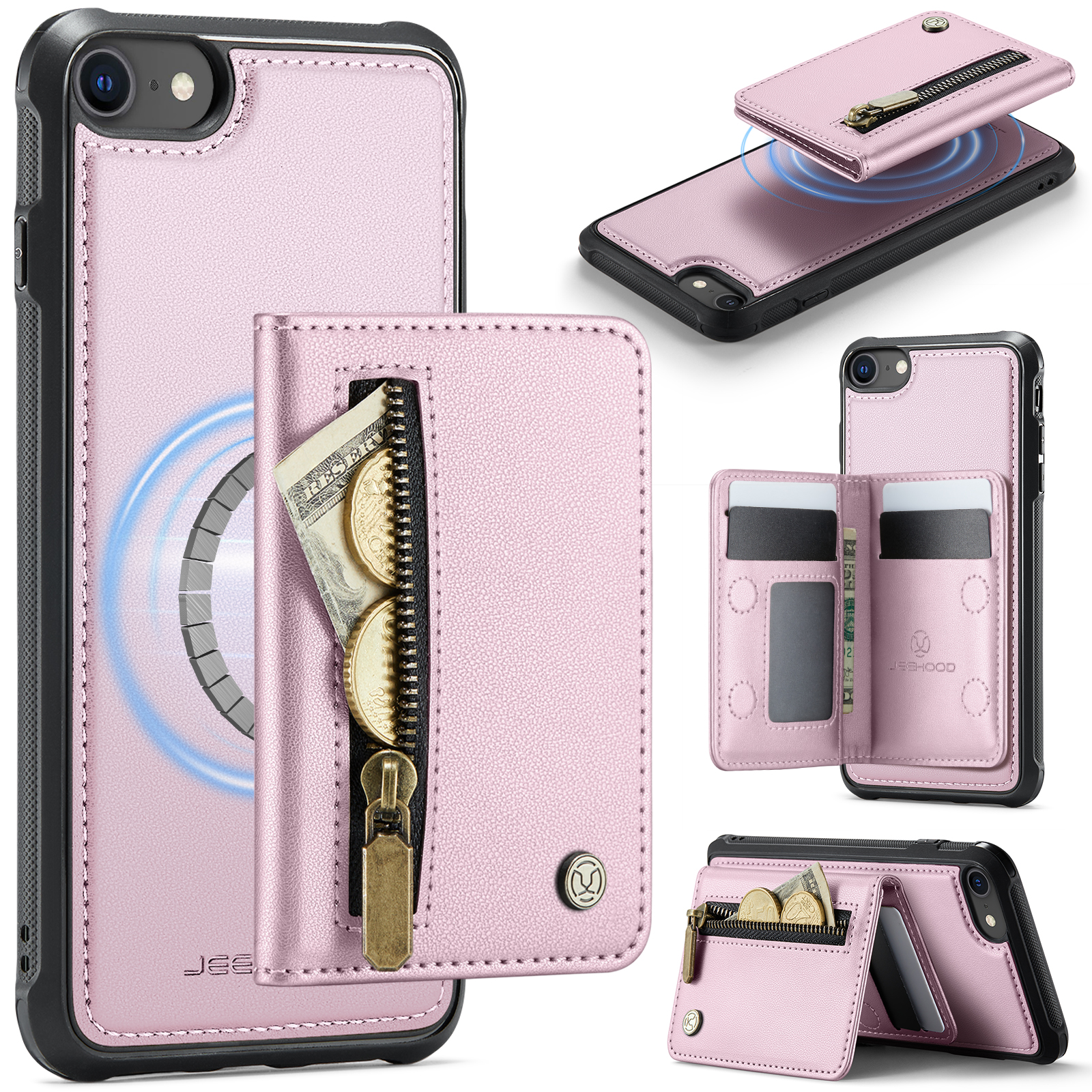 JEEHOOD For iPhone 8 4.7 inch / iPhone SE (2020) / iPhone SE (2022) / iPhone 7 4.7 inch Case  J12 Magnetic Detachable Zipper Wallet Kickstand Leather Back Cover Compatible with MagSafe - Pink