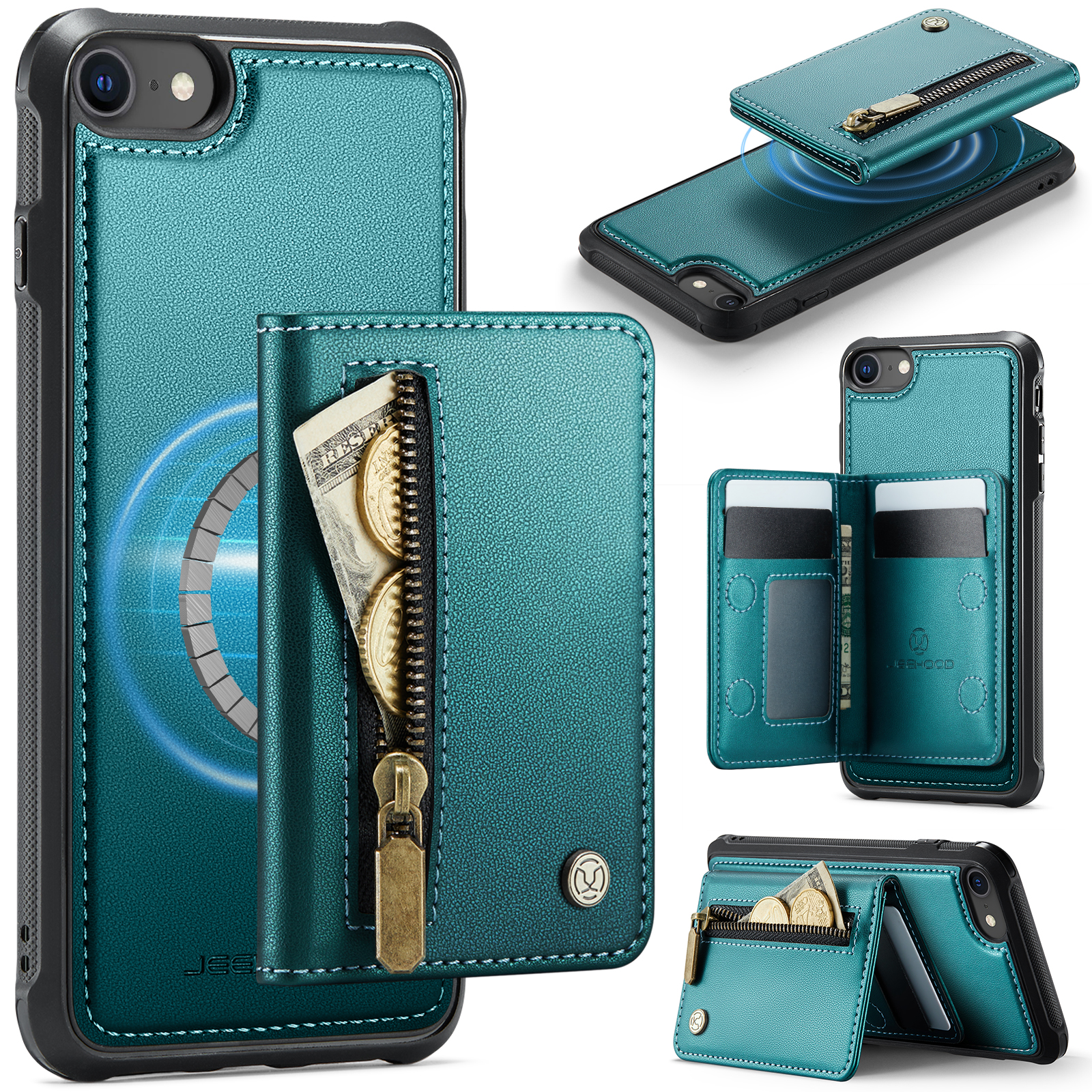 JEEHOOD For iPhone 8 4.7 inch / iPhone SE (2020) / iPhone SE (2022) / iPhone 7 4.7 inch Case J12 Magnetic Detachable Zipper Wallet Kickstand Leather Back Cover Compatible with MagSafe - Blue