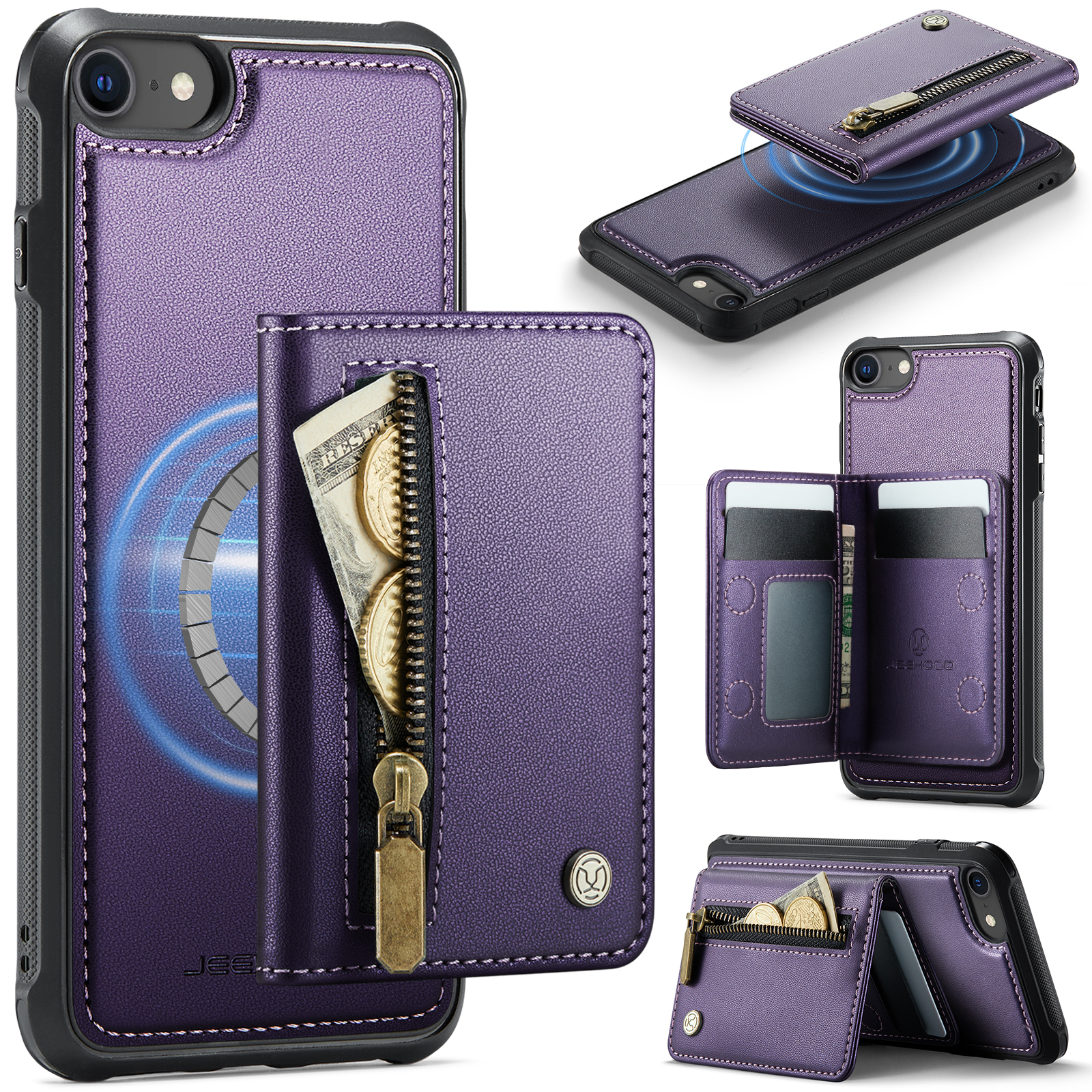 JEEHOOD For iPhone 8 4.7 inch / iPhone SE (2020) / iPhone SE (2022) / iPhone 7 4.7 inch Case  J12 Magnetic Detachable Zipper Wallet Kickstand Leather Back Cover Compatible with MagSafe - Purple
