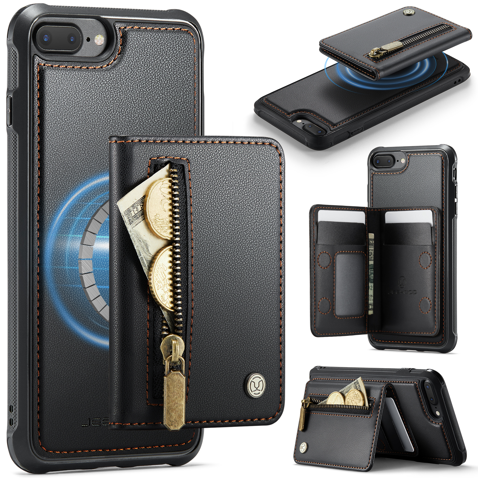 JEEHOOD For iPhone 8 Plus 5.5 inch / iPhone 7 Plus 5.5 inch Case  J12 Magnetic Detachable Zipper Wallet Kickstand Leather Back Cover Compatible with MagSafe - Black