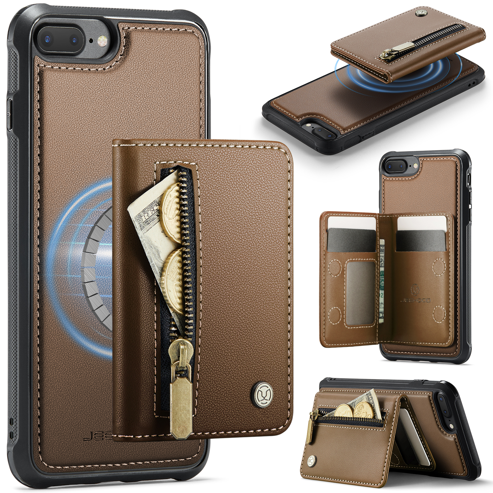 JEEHOOD For iPhone 8 Plus 5.5 inch / iPhone 7 Plus 5.5 inch Case J12 Magnetic Detachable Zipper Wallet Kickstand Leather Back Cover Compatible with MagSafe - Brown