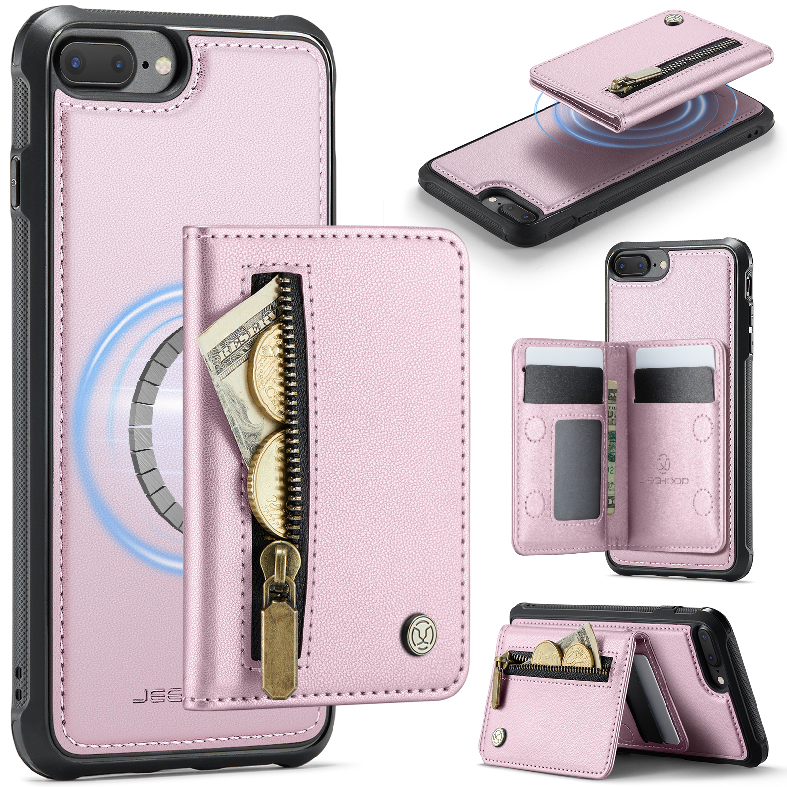 JEEHOOD For iPhone 8 Plus 5.5 inch / iPhone 7 Plus 5.5 inch Case J12 Magnetic Detachable Zipper Wallet Kickstand Leather Back Cover Compatible with MagSafe - Pink