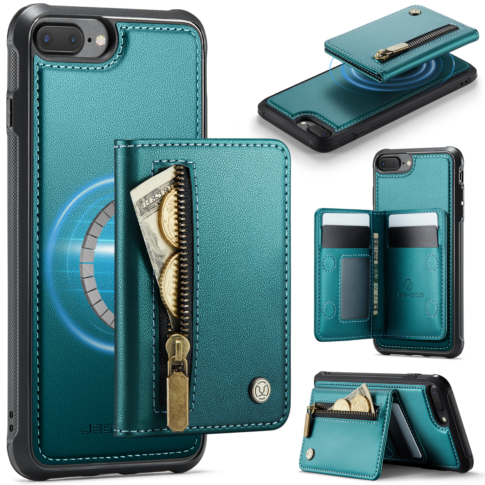 JEEHOOD For iPhone 8 Plus 5.5 inch / iPhone 7 Plus 5.5 inch Case  J12 Magnetic Detachable Zipper Wallet Kickstand Leather Back Cover Compatible with MagSafe - Blue