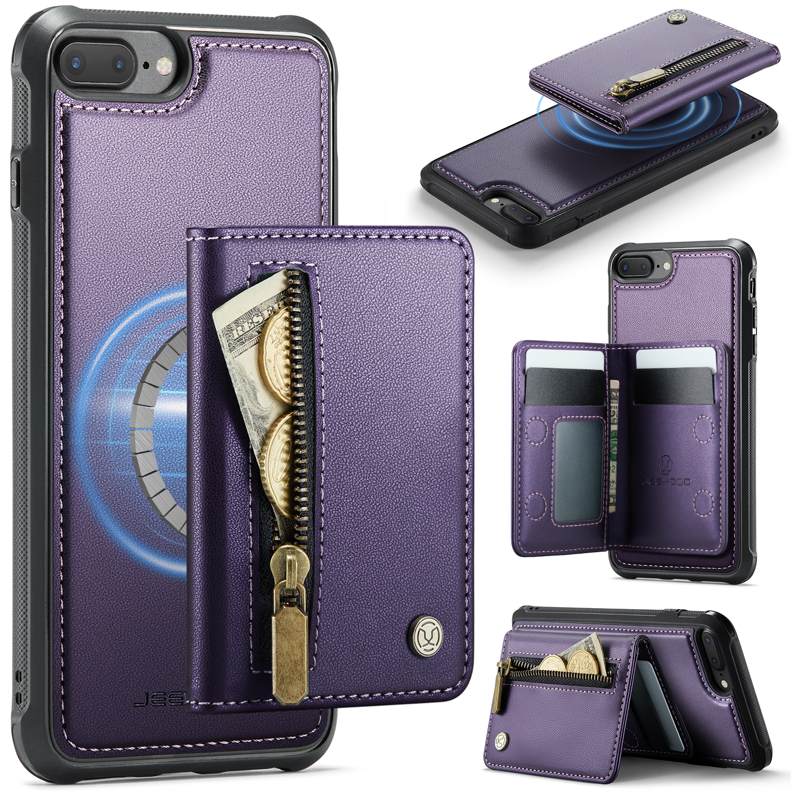 JEEHOOD For iPhone 8 Plus 5.5 inch / iPhone 7 Plus 5.5 inch Case J12 Magnetic Detachable Zipper Wallet Kickstand Leather Back Cover Compatible with MagSafe - Purple